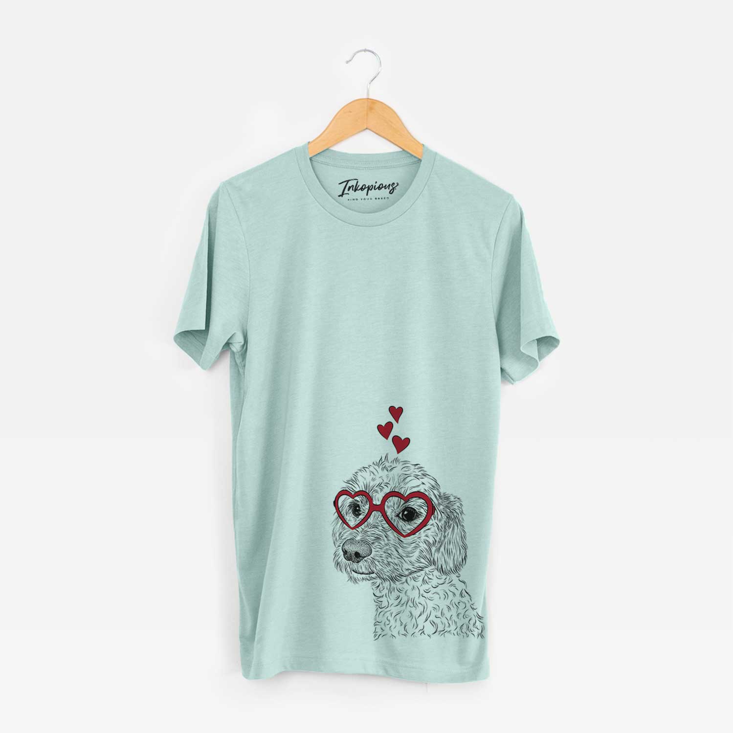 Hand-drawn sketch of Georgie Boy the Mixed Breed wearing heart-shaped glasses on a Heather Sage Bella Canvas Unisex Crewneck
