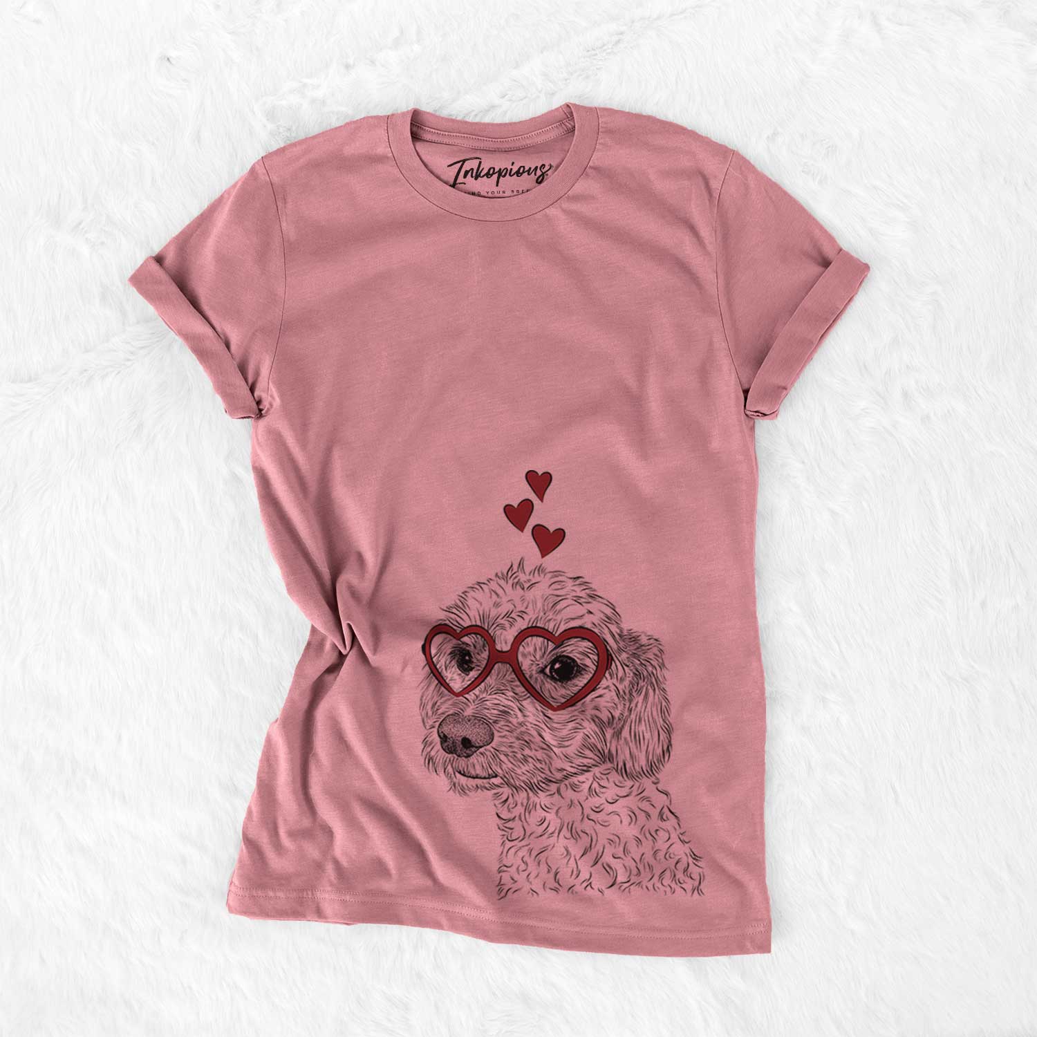 Hand-drawn sketch of Georgie Boy the Mixed Breed wearing heart-shaped glasses on a Mauve Bella Canvas Unisex Crewneck