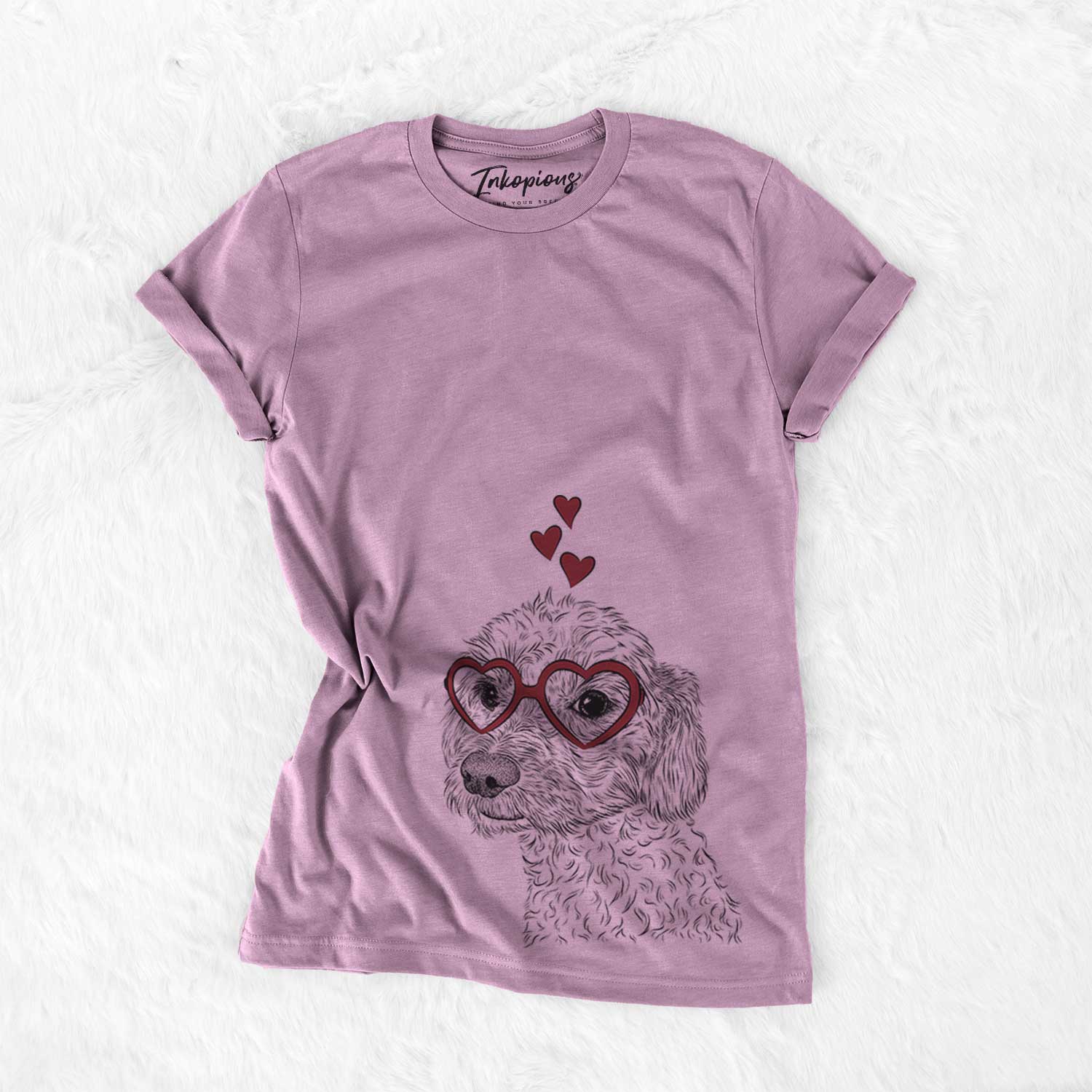 Hand-drawn sketch of Georgie Boy the Mixed Breed wearing heart-shaped glasses on an Orchid Bella Canvas Unisex Crewneck