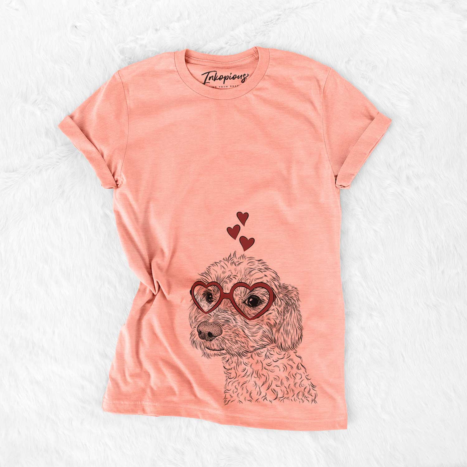 Hand-drawn sketch of Georgie Boy the Mixed Breed wearing heart-shaped glasses on a Sunset Bella Canvas Unisex Crewneck