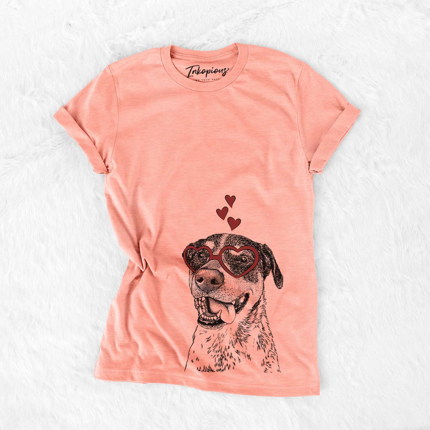 Hand-drawn sketch of Gerti the Mixed Breed wearing heart-shaped glasses on a Sunset Bella Canvas Unisex Crewneck