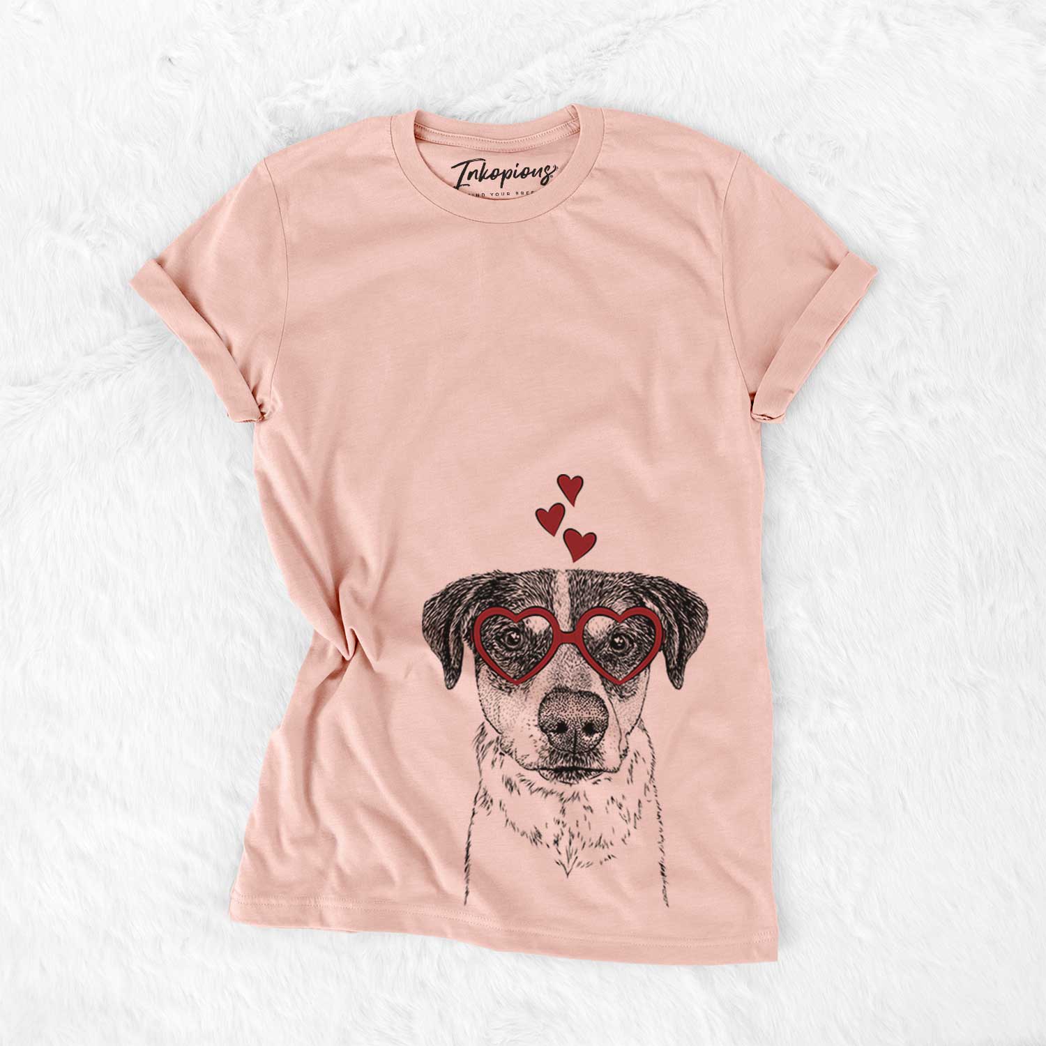 Hand-drawn sketch of Gertrude the Mixed Breed wearing heart-shaped glasses on a Peach Bella Canvas Unisex Crewneck