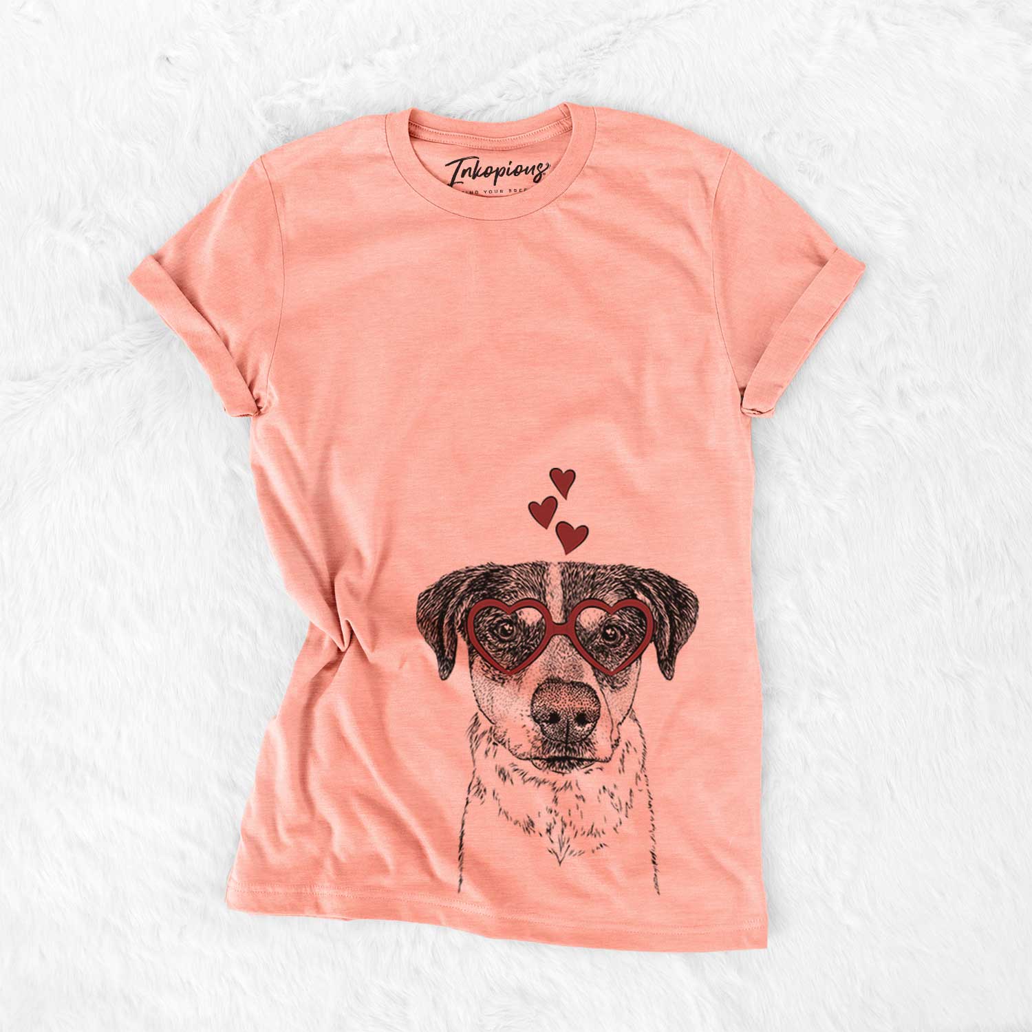 Hand-drawn sketch of Gertrude the Mixed Breed wearing heart-shaped glasses on a Sunset Bella Canvas Unisex Crewneck