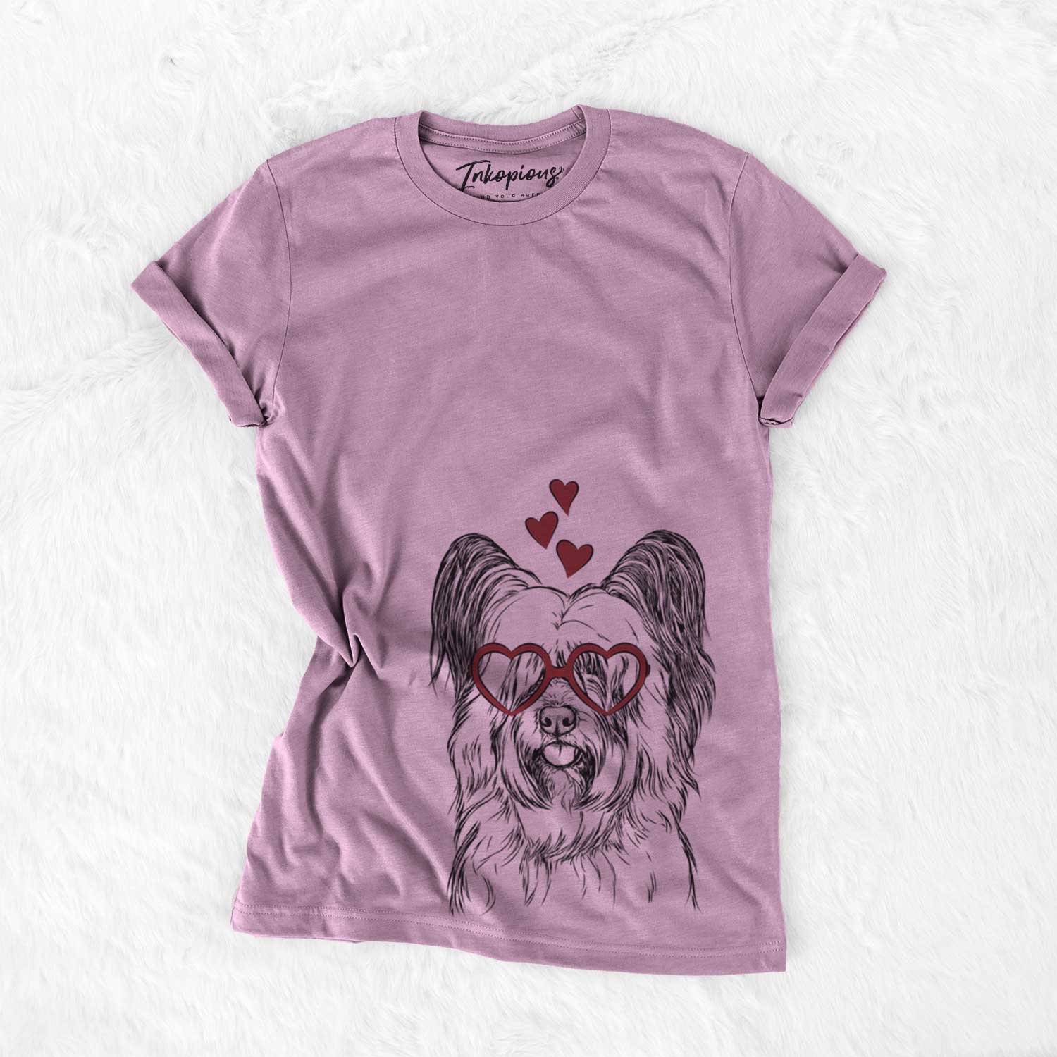 Hand-drawn sketch of Gideon the Skye Terrier wearing heart-shaped glasses on an Orchid Bella Canvas Unisex Crewneck