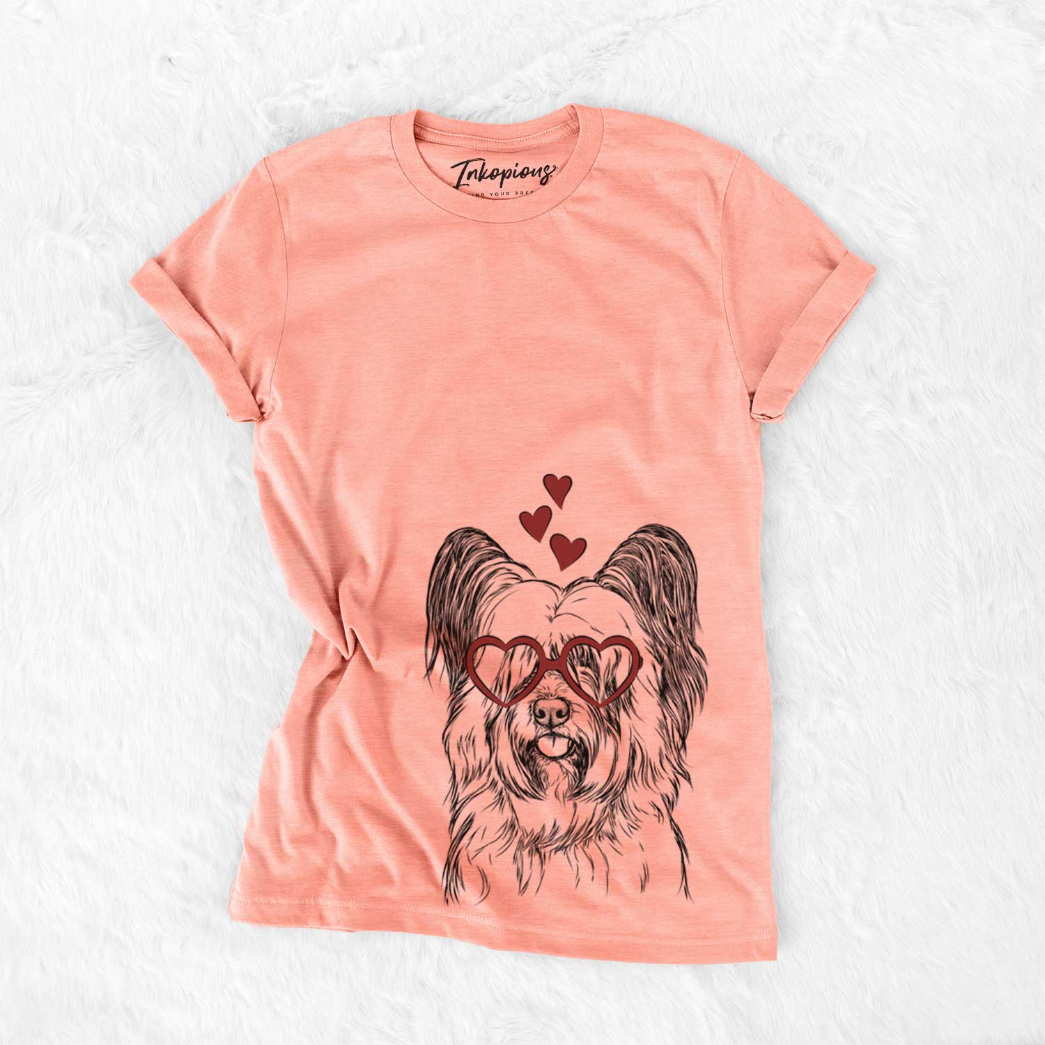 Hand-drawn sketch of Gideon the Skye Terrier wearing heart-shaped glasses on a Sunset Bella Canvas Unisex Crewneck