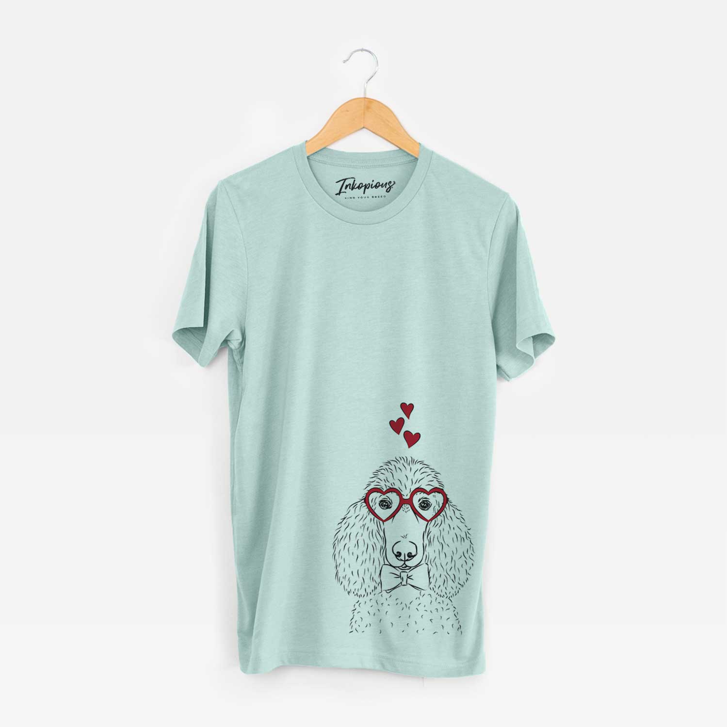 Hand-drawn sketch of Giovanni the Poodle wearing heart-shaped glasses on a Heather Sage Bella Canvas Unisex Crewneck