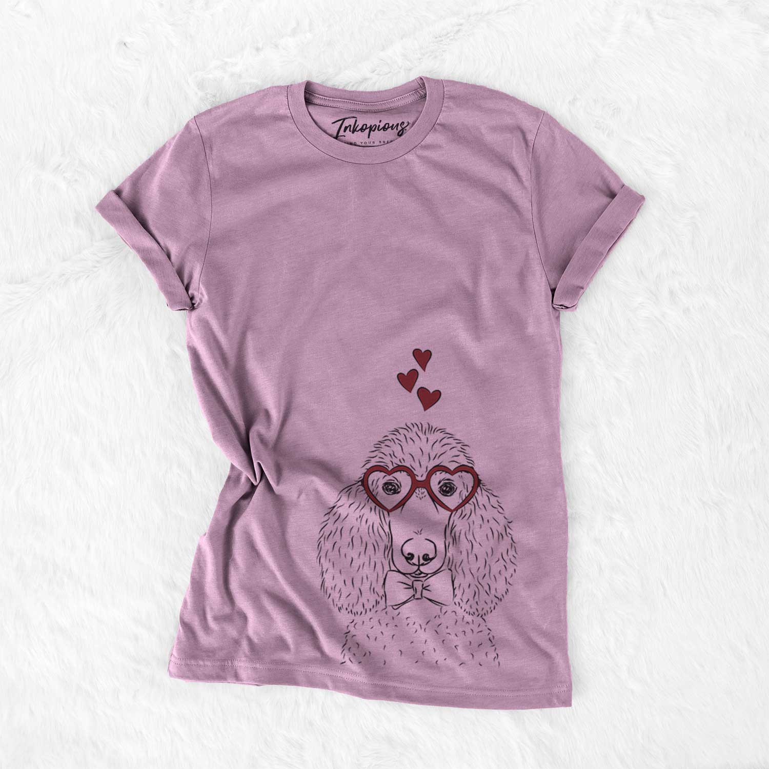 Hand-drawn sketch of Giovanni the Poodle wearing heart-shaped glasses on an Orchid Bella Canvas Unisex Crewneck