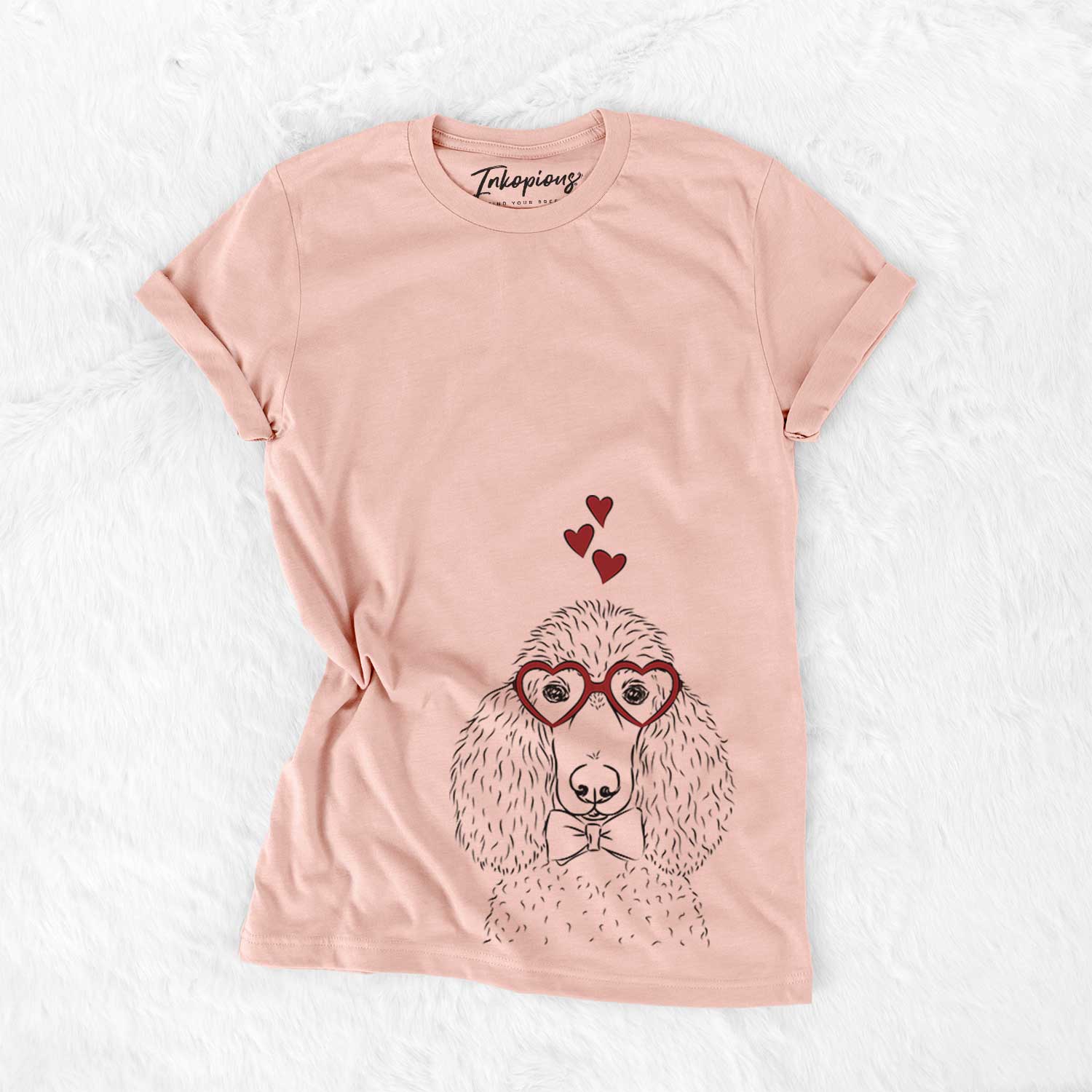 Hand-drawn sketch of Giovanni the Poodle wearing heart-shaped glasses on a Peach Bella Canvas Unisex Crewneck