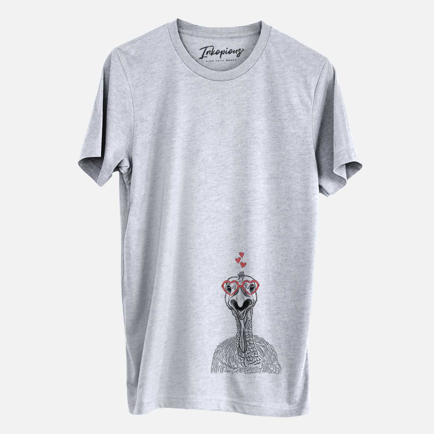 Hand-drawn sketch of Gobble the Turkey wearing heart-shaped glasses on a Grey Unisex crewneck