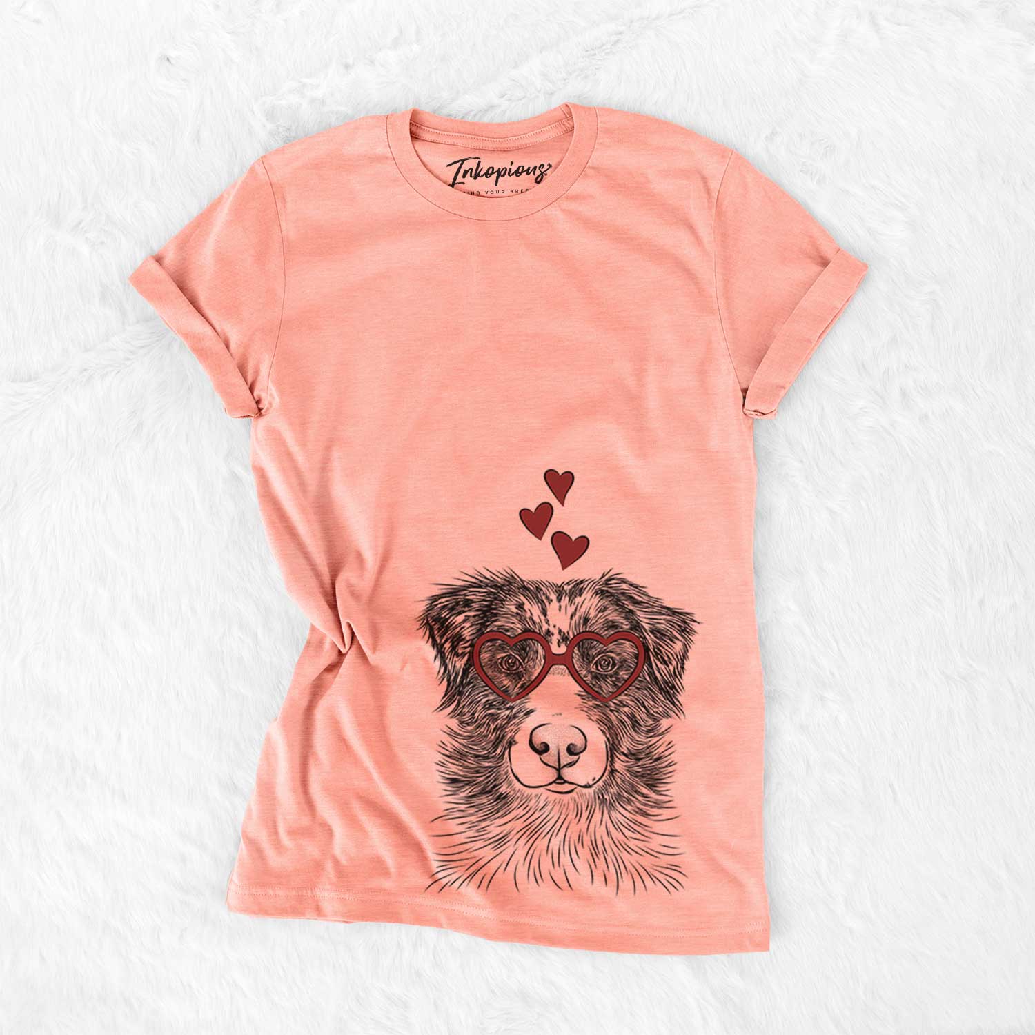 Hand-drawn sketch of Gram the Australian Shepherd wearing heart-shaped glasses on a Sunset Bella Canvas Unisex Crewneck