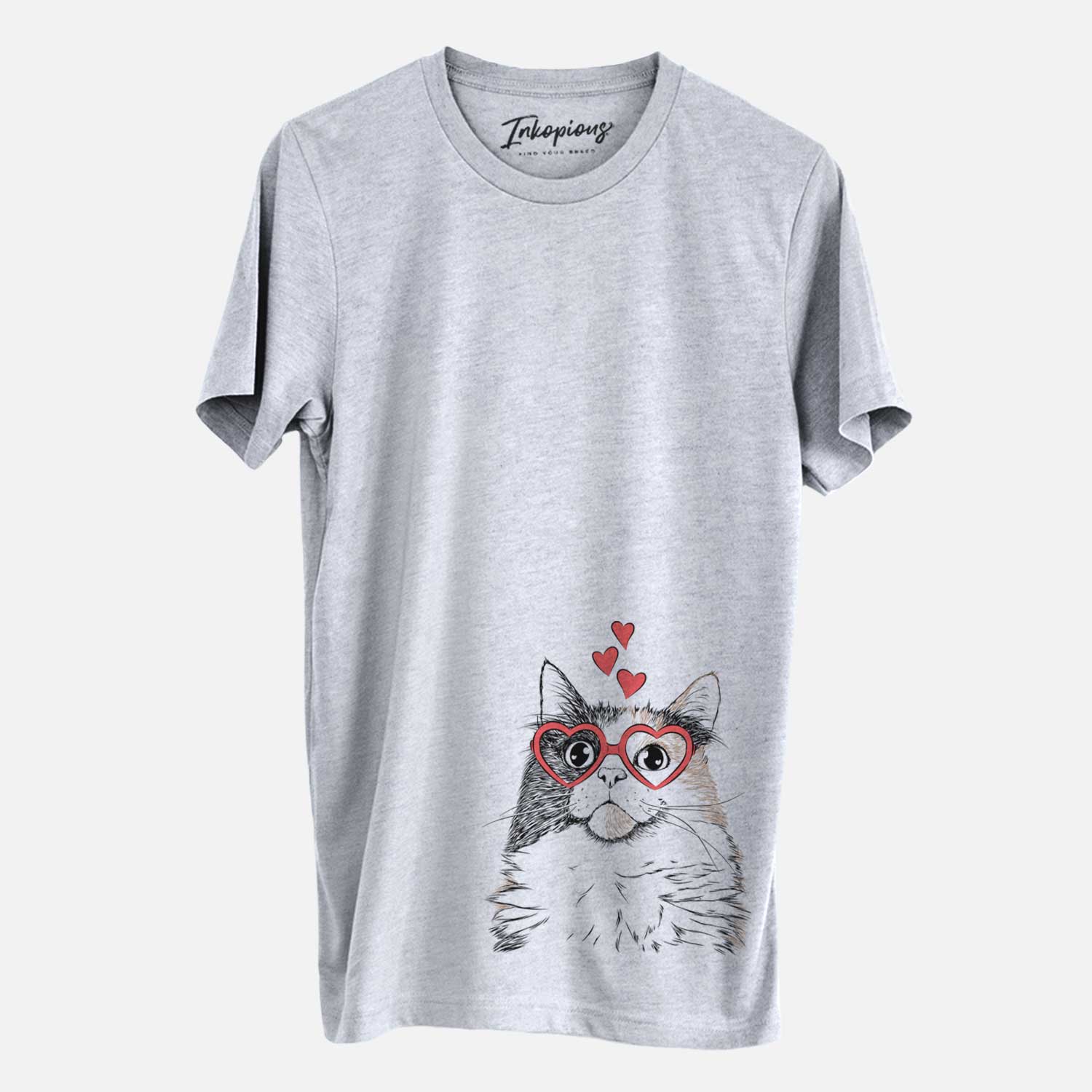 Hand-drawn sketch of Greta the Calico Cat wearing heart-shaped glasses on a Grey Unisex crewneck