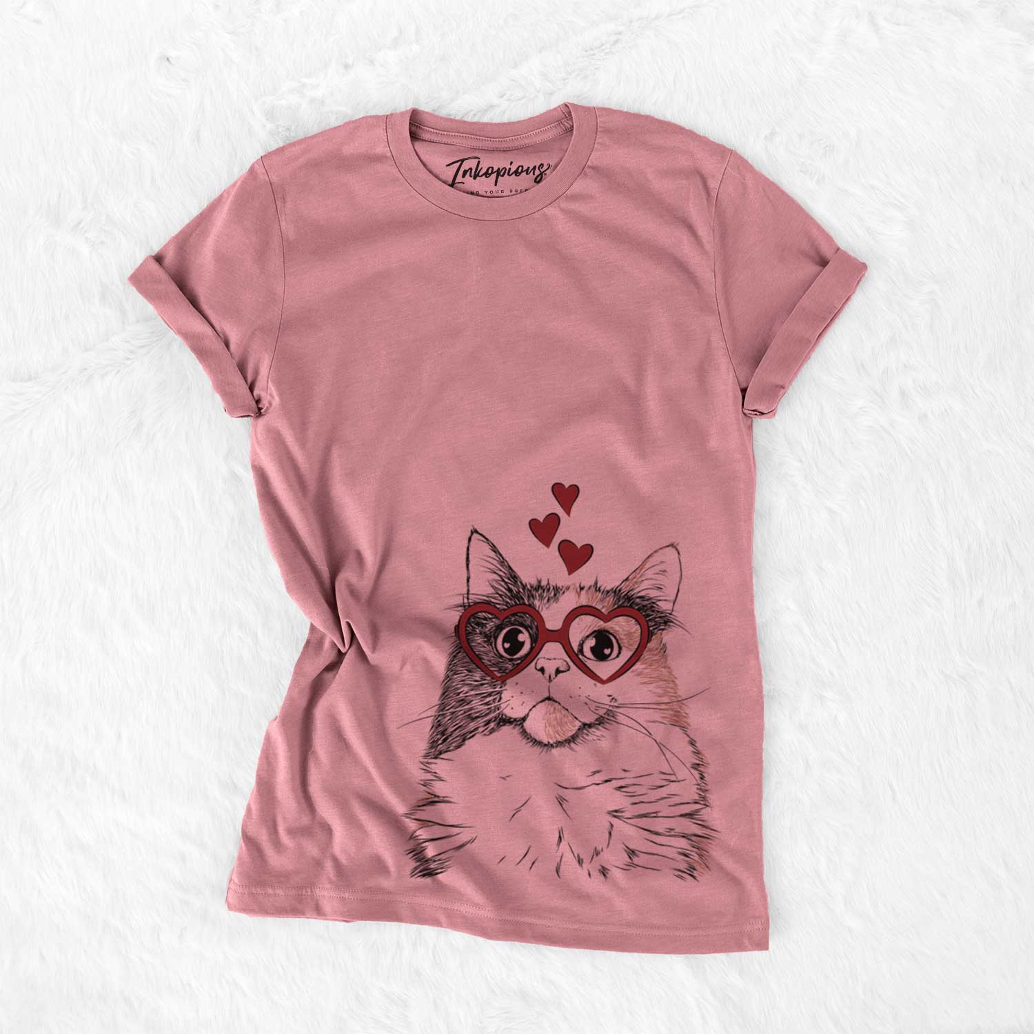 Hand-drawn sketch of Greta the Calico Cat wearing heart-shaped glasses on a Mauve Bella Canvas Unisex Crewneck