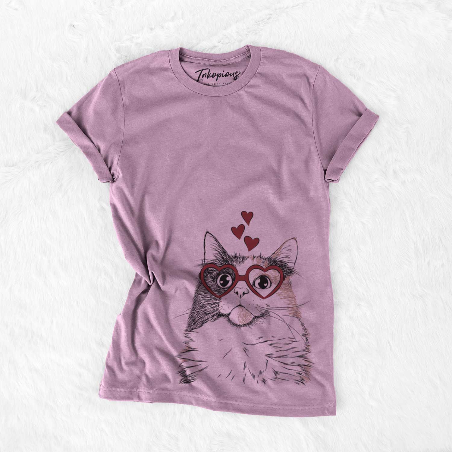 Hand-drawn sketch of Greta the Calico Cat wearing heart-shaped glasses on an Orchid Bella Canvas Unisex Crewneck