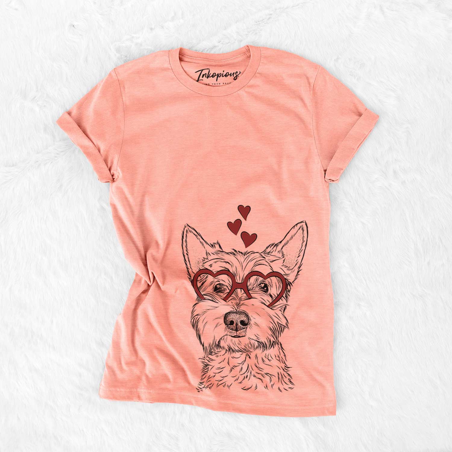 Hand-drawn sketch of Grizel the West Highland Terrier wearing heart-shaped glasses on a Sunset Bella Canvas Unisex Crewneck