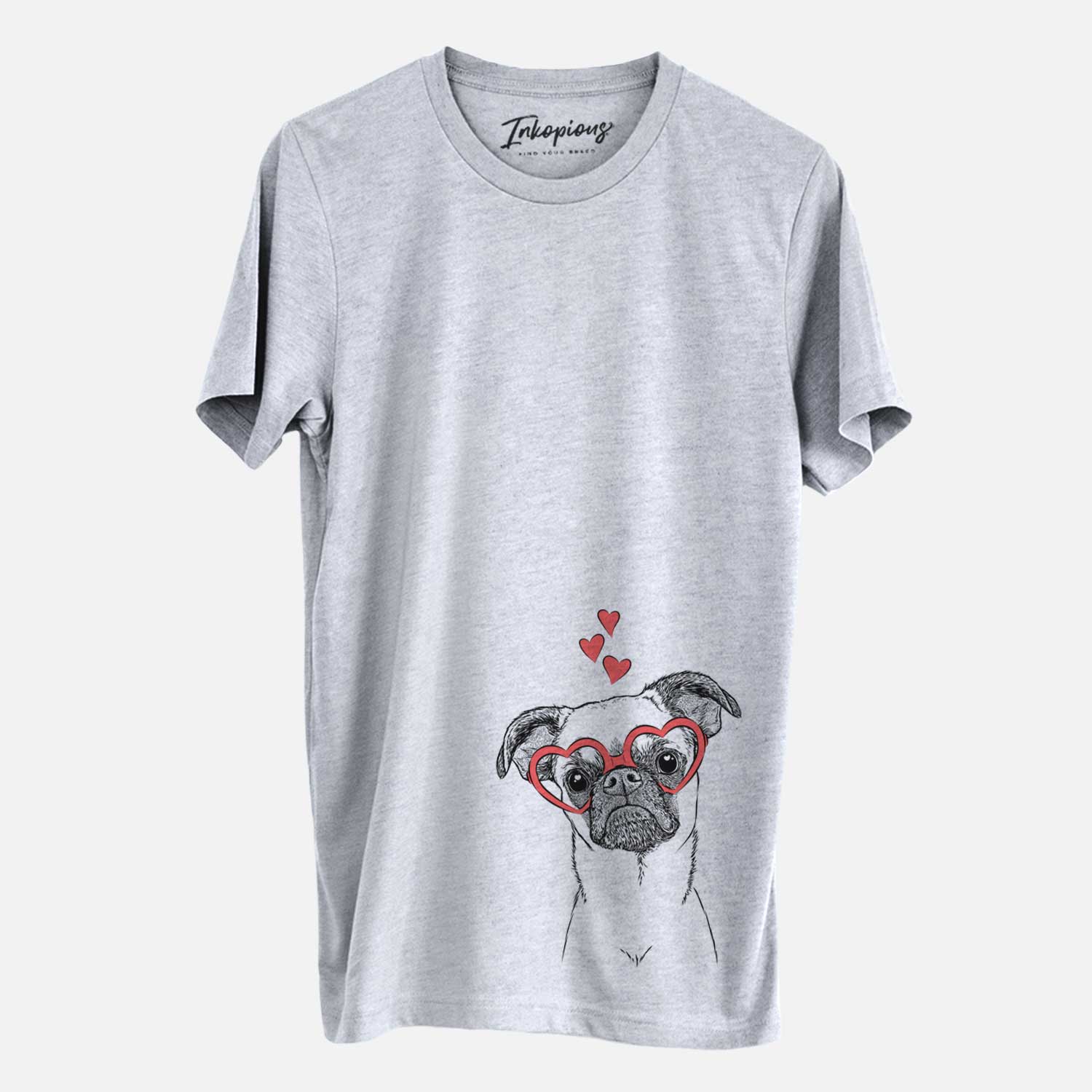 Hand-drawn sketch of Groot the Brussels Griffon wearing heart-shaped glasses on a Grey Unisex crewneck