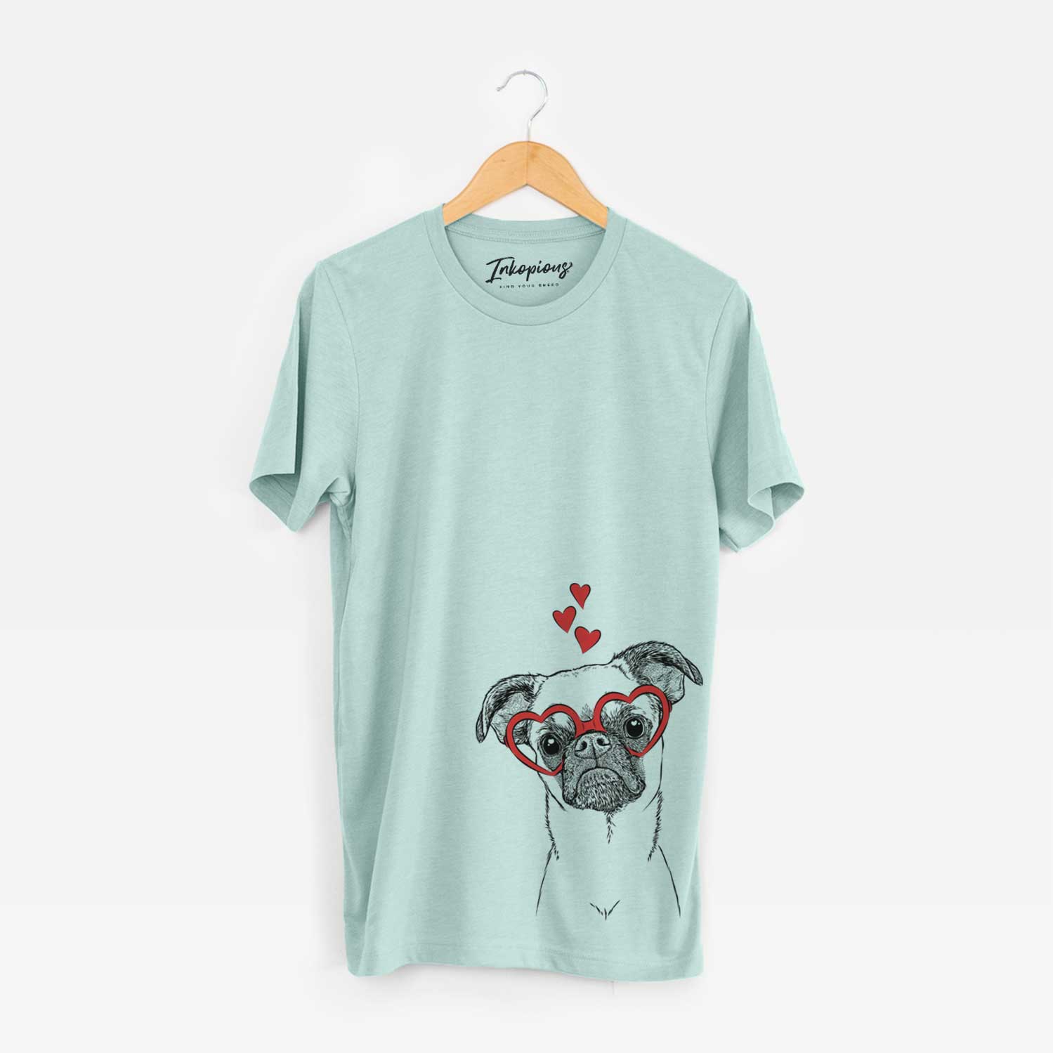 Hand-drawn sketch of Groot the Brussels Griffon wearing heart-shaped glasses on a Heather Sage Unisex crewneck