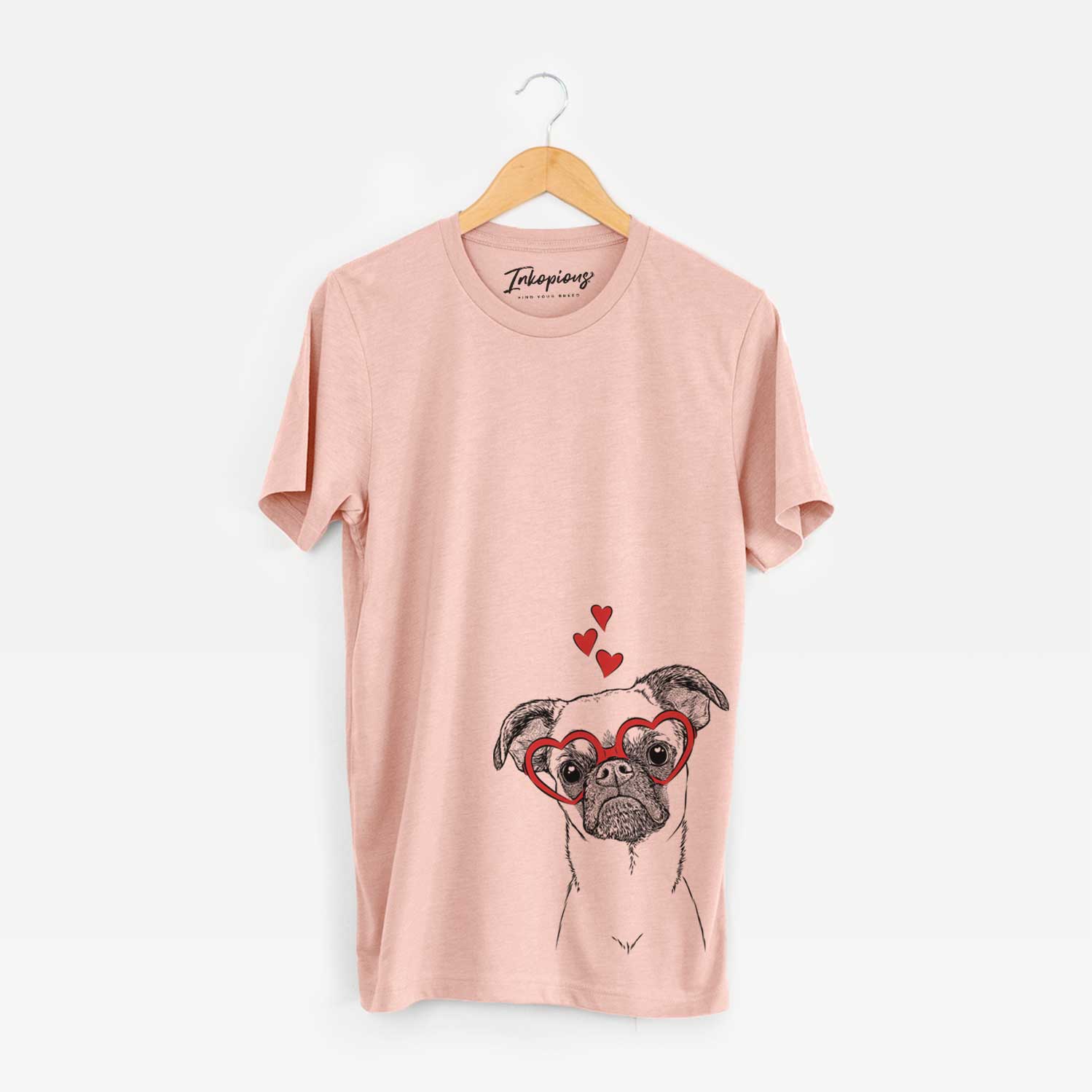 Hand-drawn sketch of Groot the Brussels Griffon wearing heart-shaped glasses on a Peach Unisex crewneck