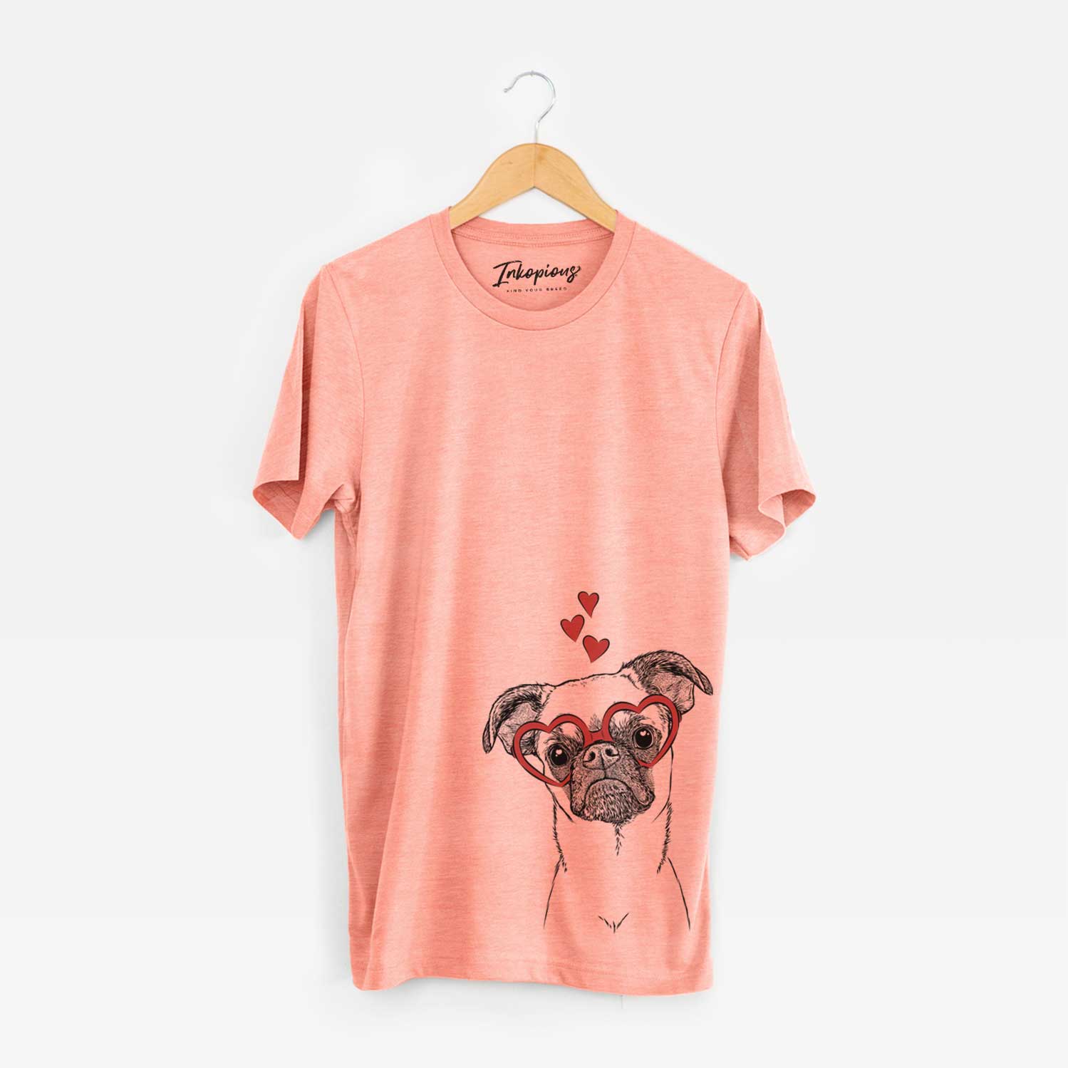Hand-drawn sketch of Groot the Brussels Griffon wearing heart-shaped glasses on a Sunset Unisex crewneck