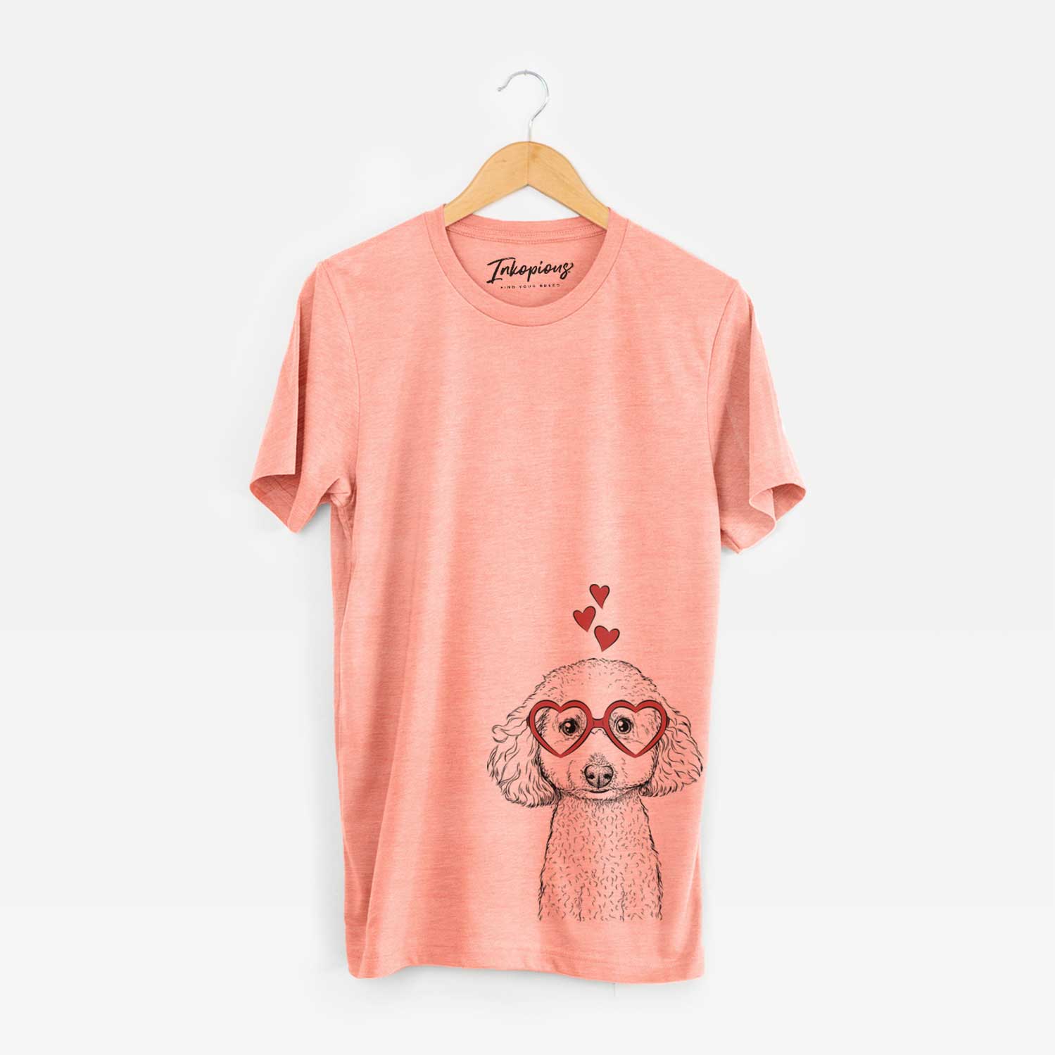 Hand-drawn sketch of Guinness the Toy Poodle Mix wearing heart-shaped glasses on a Sunset Unisex crewneck