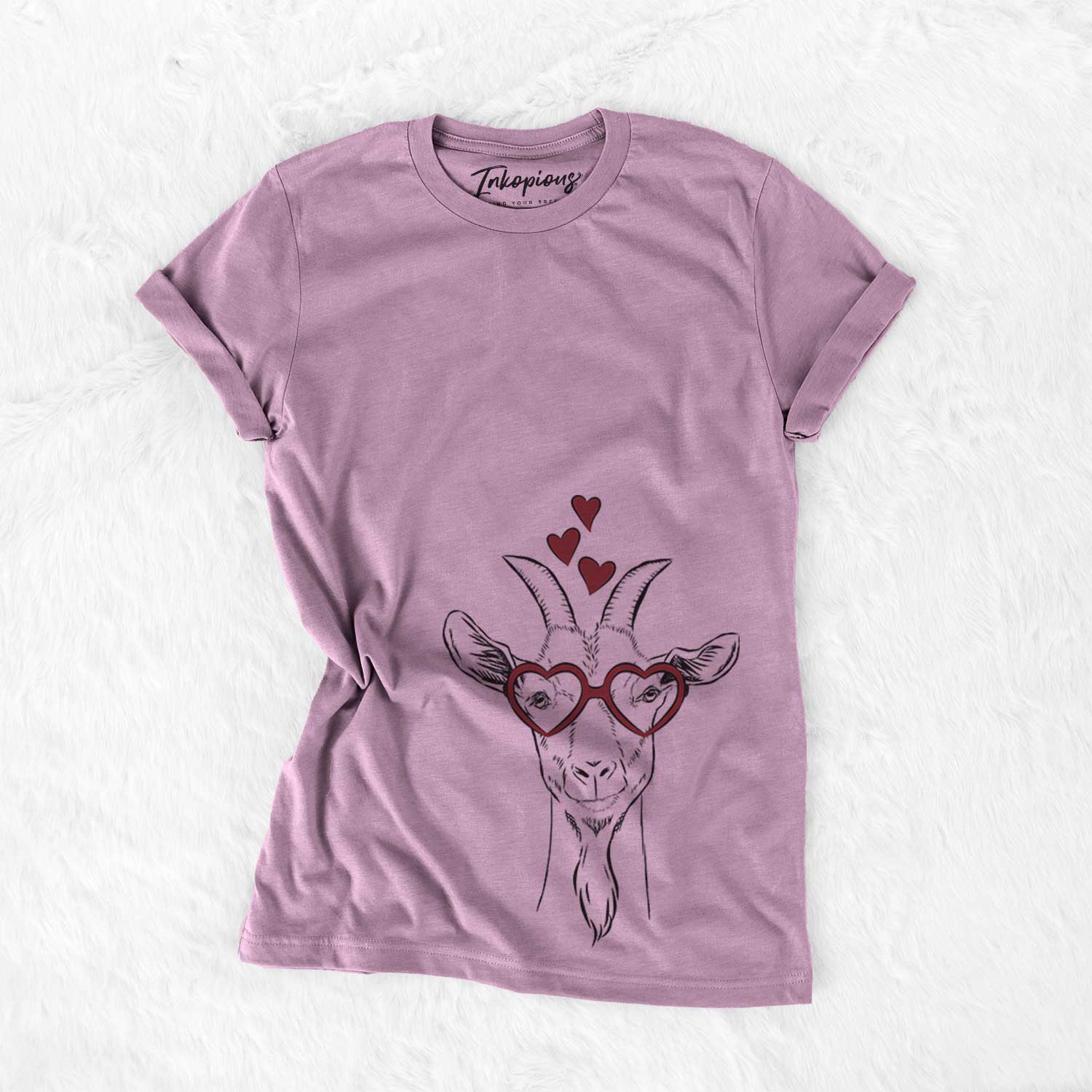 Hand-drawn sketch of Gunnar the Goat wearing heart-shaped glasses on an Orchid Bella Canvas Unisex Crewneck