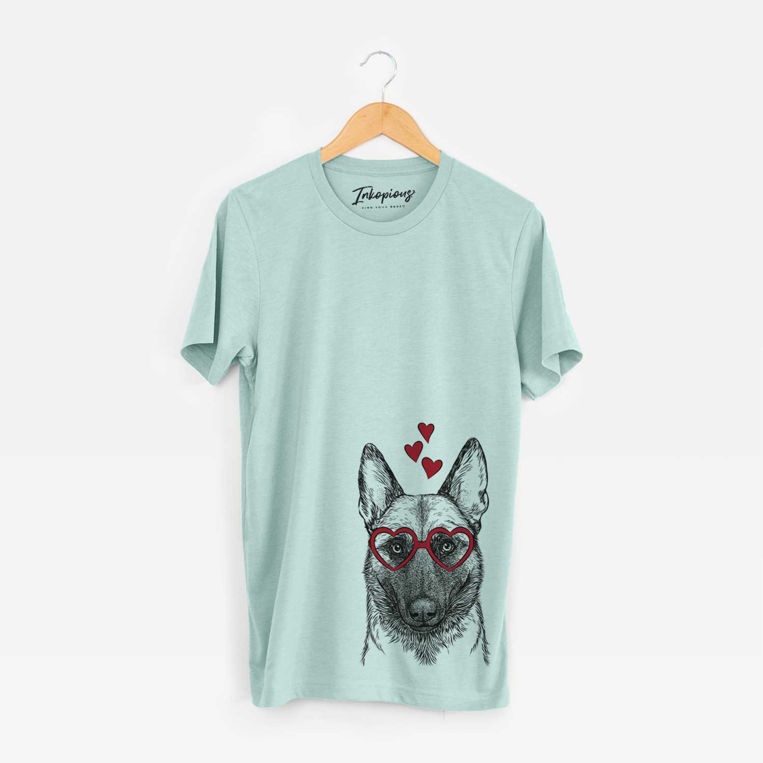 Hand-drawn sketch of Gunther the Belgian Malinois wearing heart-shaped glasses on a Heather Sage Bella Canvas Unisex Crewneck
