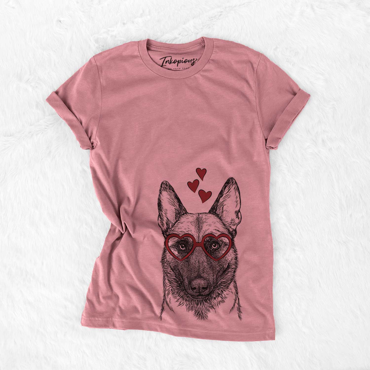 Hand-drawn sketch of Gunther the Belgian Malinois wearing heart-shaped glasses on a Mauve Bella Canvas Unisex Crewneck