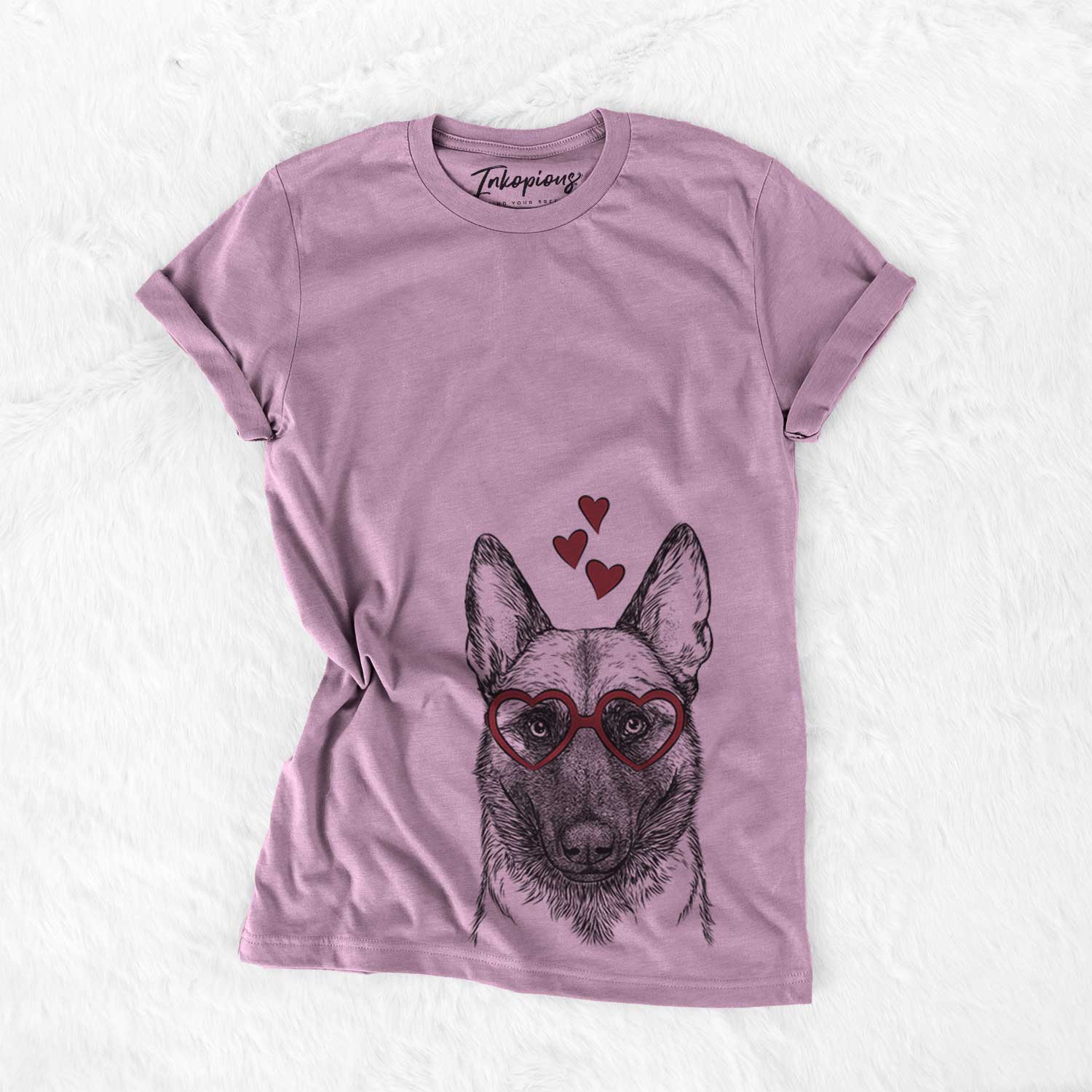 Hand-drawn sketch of Gunther the Belgian Malinois wearing heart-shaped glasses on an Orchid Bella Canvas Unisex Crewneck