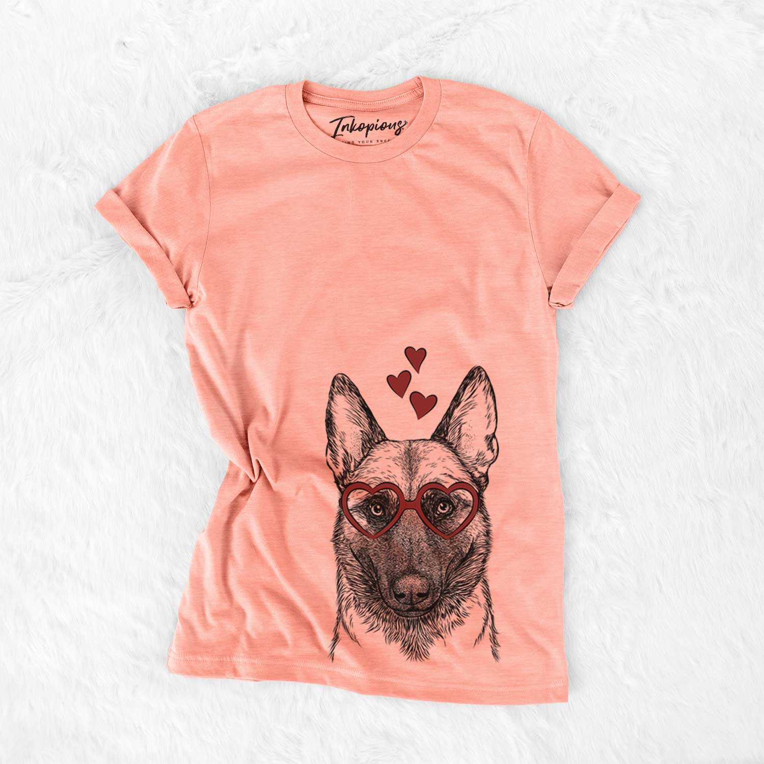 Hand-drawn sketch of Gunther the Belgian Malinois wearing heart-shaped glasses on a Sunset Bella Canvas Unisex Crewneck