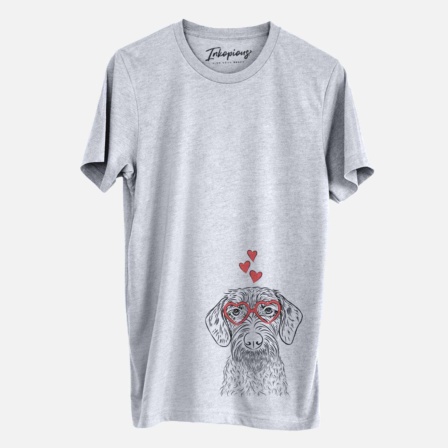 Hand-drawn sketch of Gus the German Wirehaired Pointer wearing heart-shaped glasses on a Grey Unisex crewneck