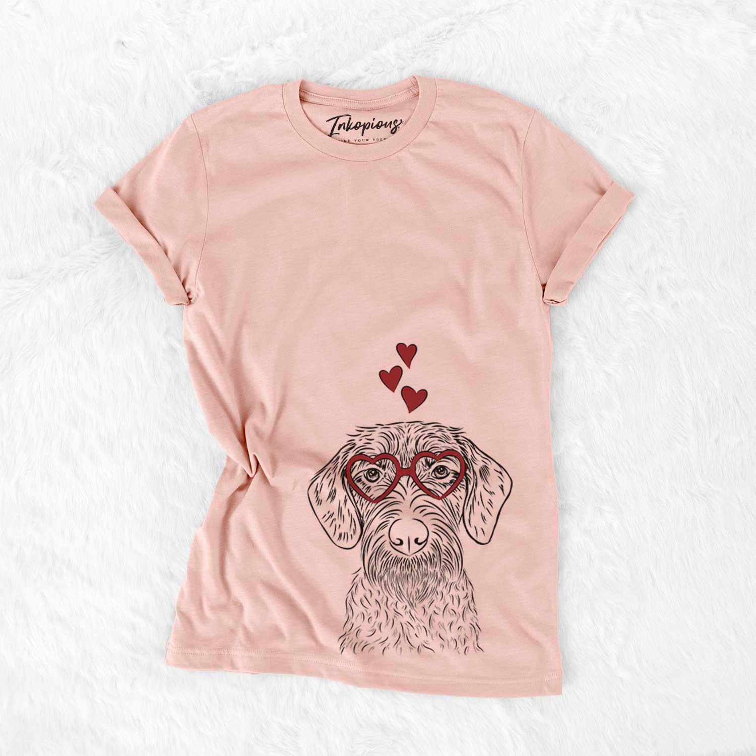 Hand-drawn sketch of Gus the German Wirehaired Pointer wearing heart-shaped glasses on a Peach Bella Canvas Unisex Crewneck