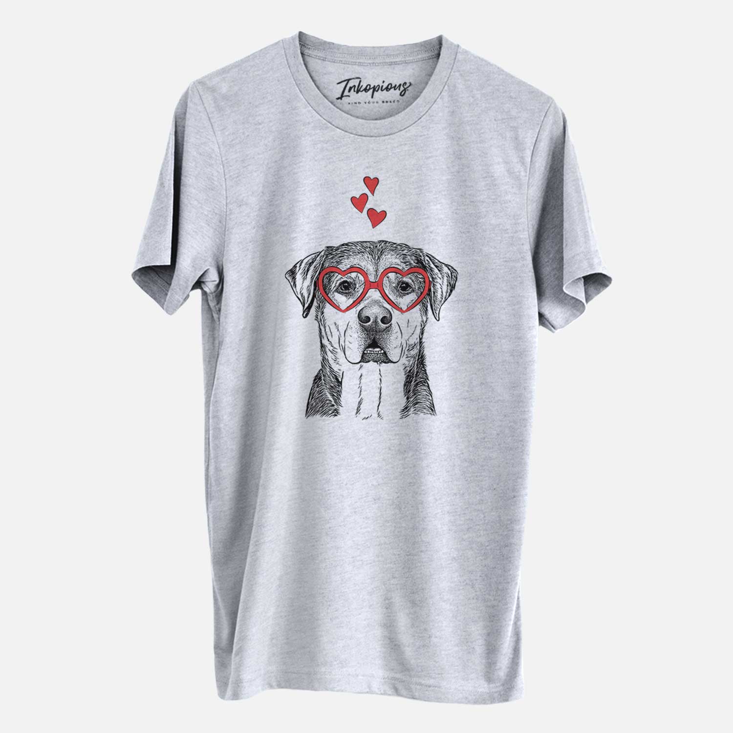 Hand-drawn sketch of Gus the Rottweiler Mix wearing heart-shaped glasses on a Grey Unisex crewneck