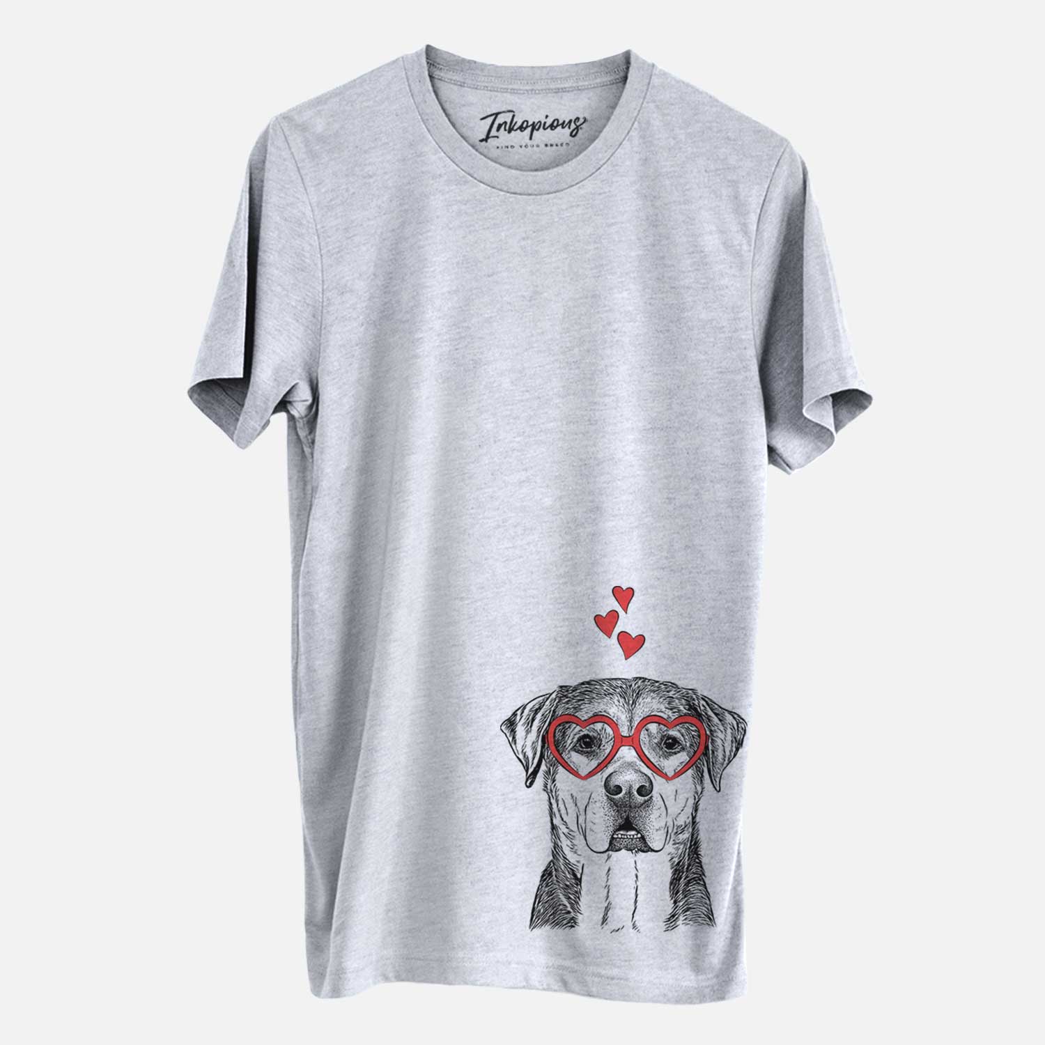 Hand-drawn sketch of Gus the Rottweiler Mix wearing heart-shaped glasses on a Grey Unisex crewneck