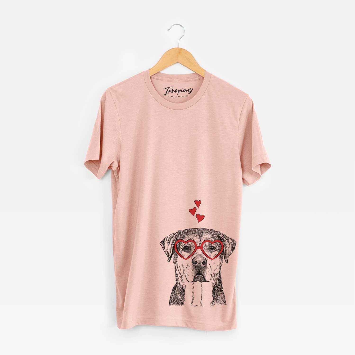 Hand-drawn sketch of Gus the Rottweiler Mix wearing heart-shaped glasses on a Peach Unisex crewneck