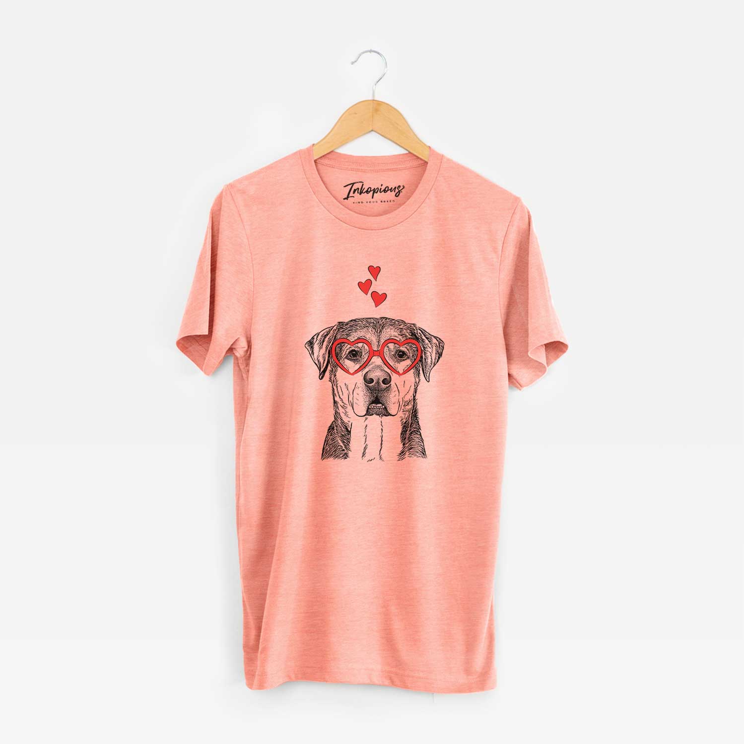 Hand-drawn sketch of Gus the Rottweiler Mix wearing heart-shaped glasses on a Sunset Unisex crewneck