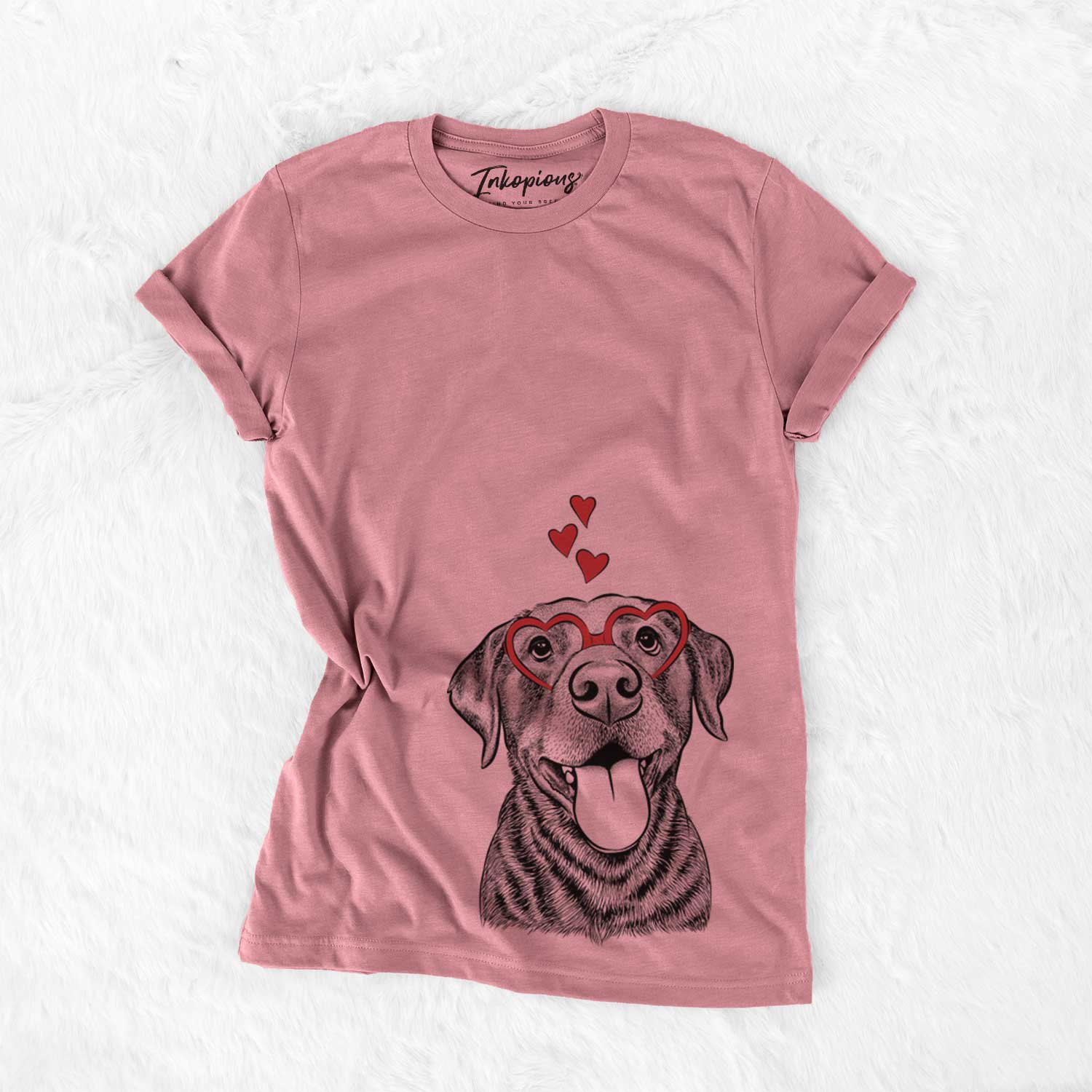 Hand-drawn sketch of Gwen the Labrador Retriever wearing heart-shaped glasses on a Mauve Bella Canvas Unisex Crewneck