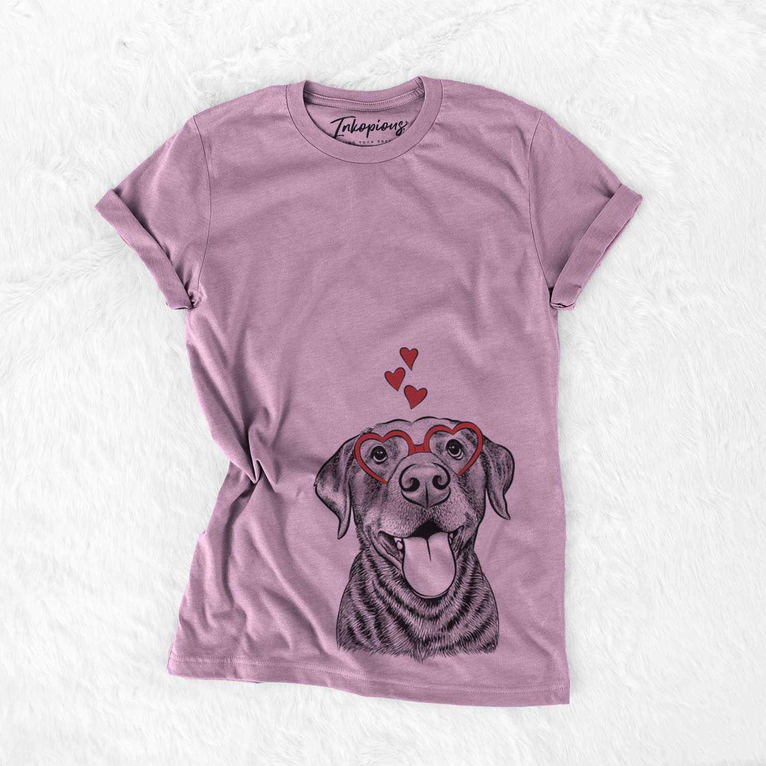 Hand-drawn sketch of Gwen the Labrador Retriever wearing heart-shaped glasses on an Orchid Bella Canvas Unisex Crewneck