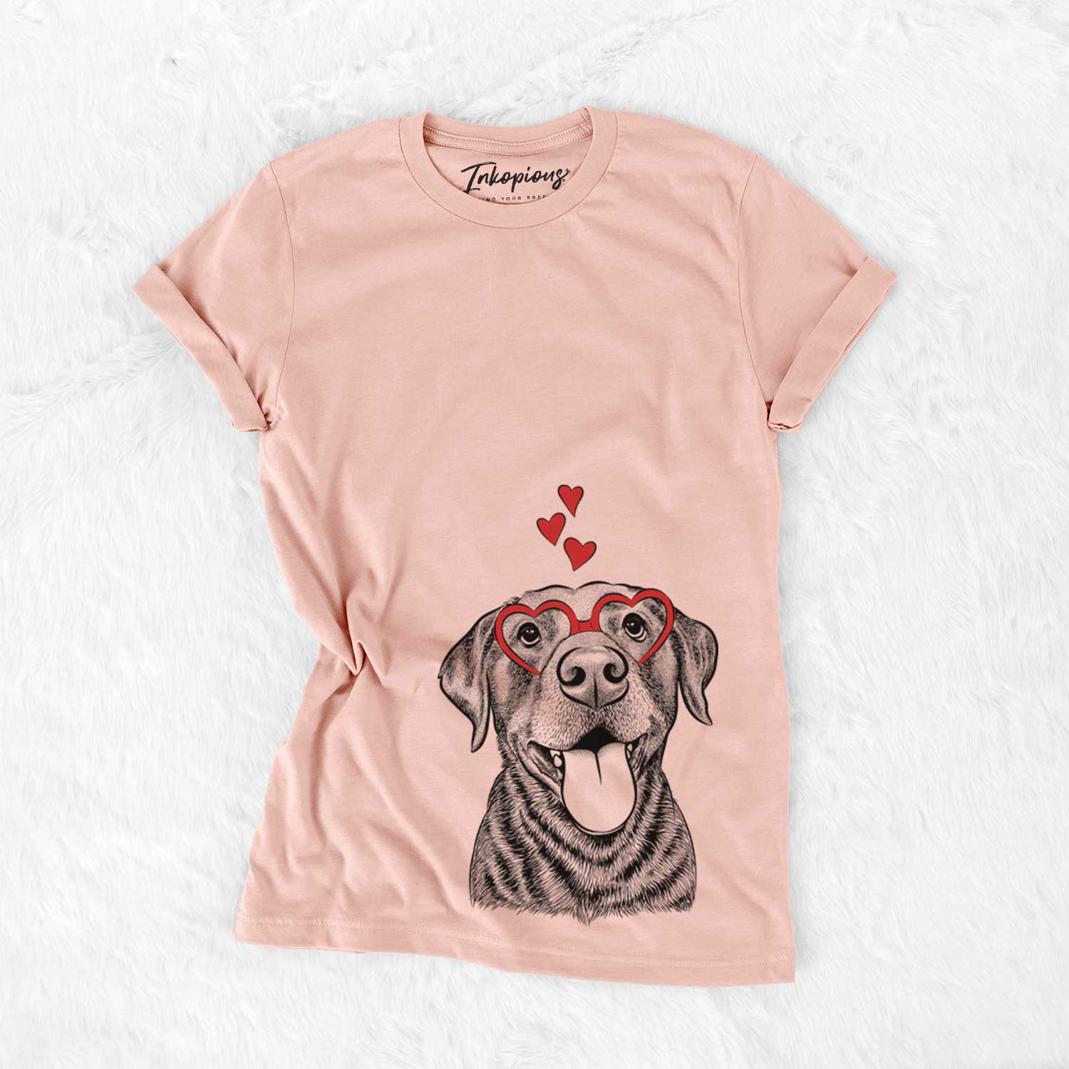 Hand-drawn sketch of Gwen the Labrador Retriever wearing heart-shaped glasses on a Peach Bella Canvas Unisex Crewneck
