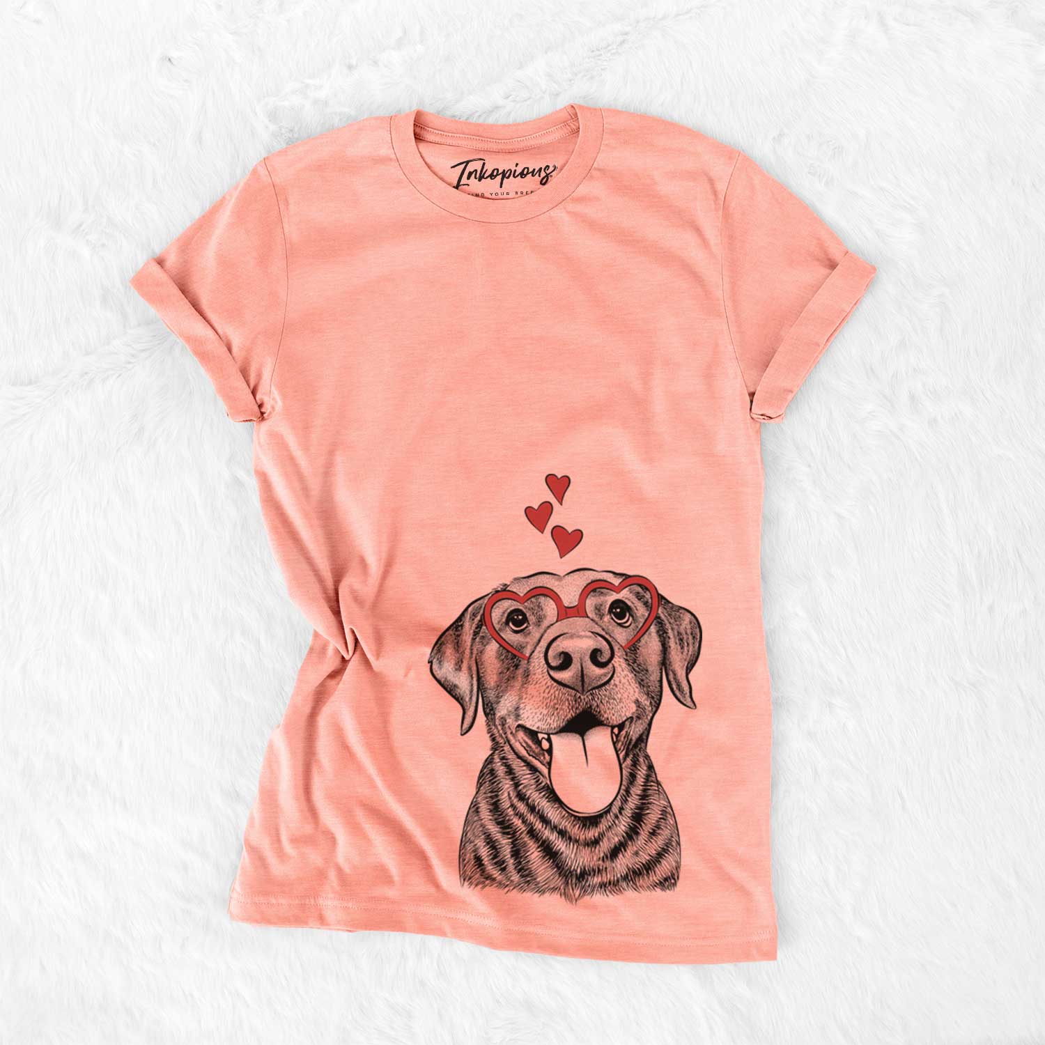 Hand-drawn sketch of Gwen the Labrador Retriever wearing heart-shaped glasses on a Sunset Bella Canvas Unisex Crewneck