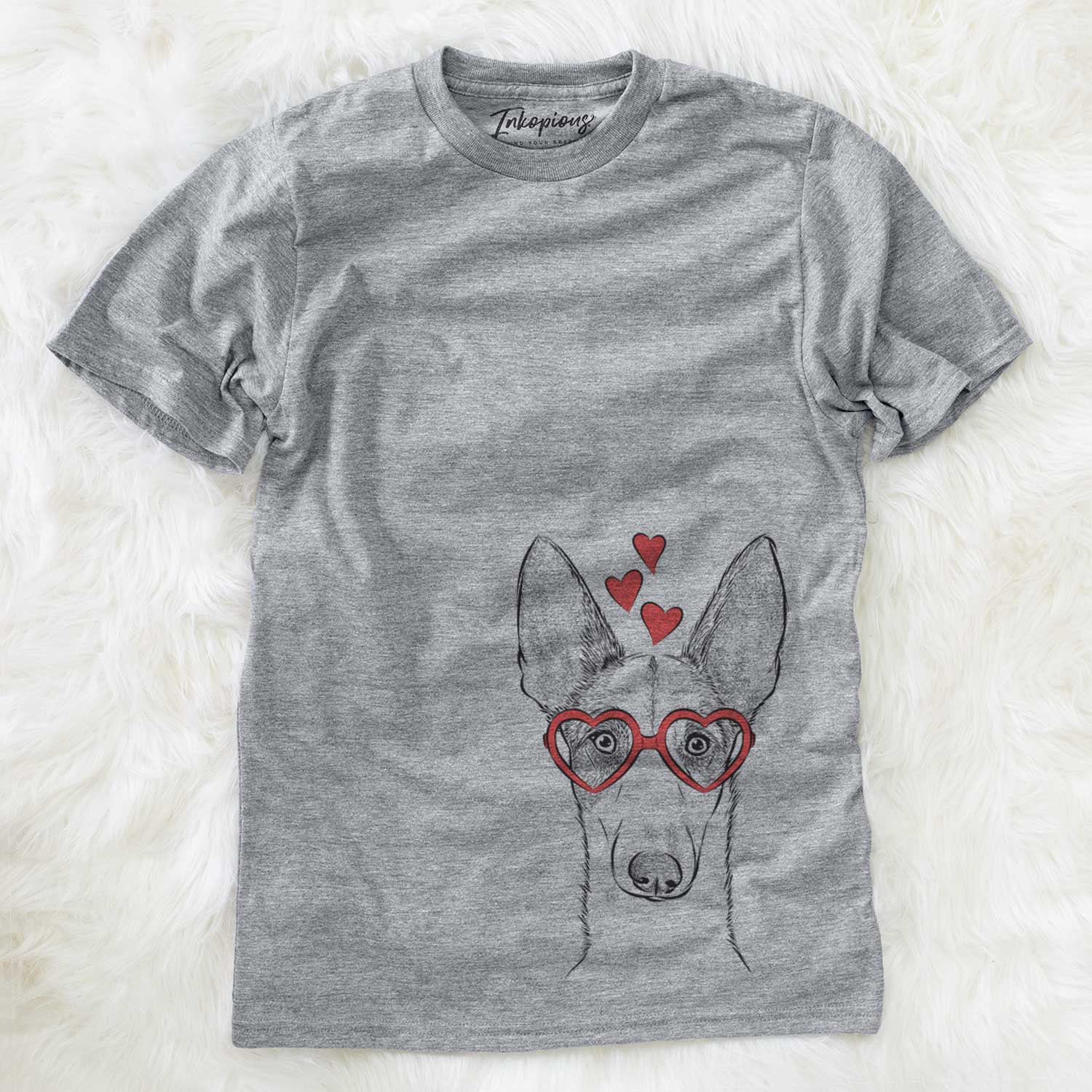 Hand-drawn sketch of Halo the Ibizan Sight Hound wearing heart-shaped glasses on a Grey Unisex crewneck