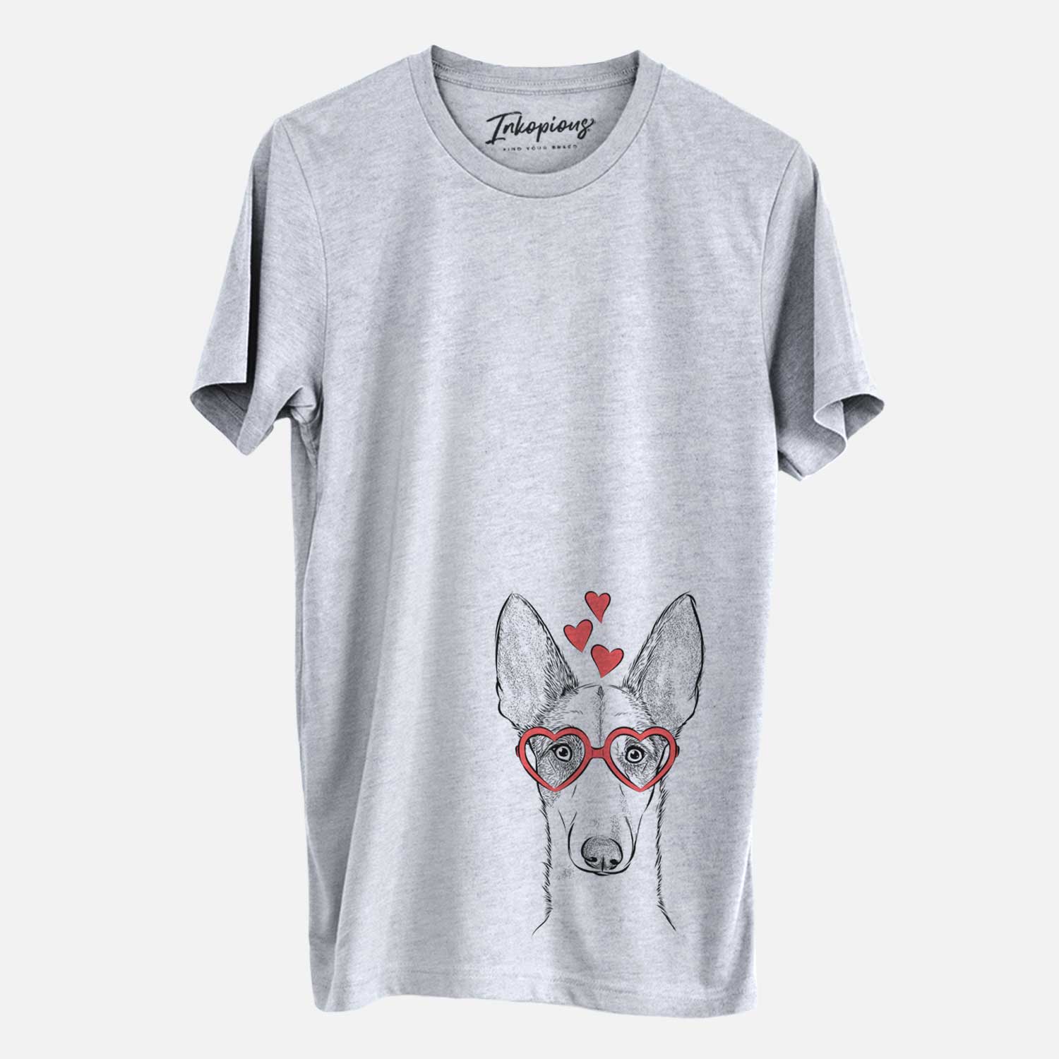 Hand-drawn sketch of Halo the Ibizan Sight Hound wearing heart-shaped glasses on a Grey Unisex crewneck