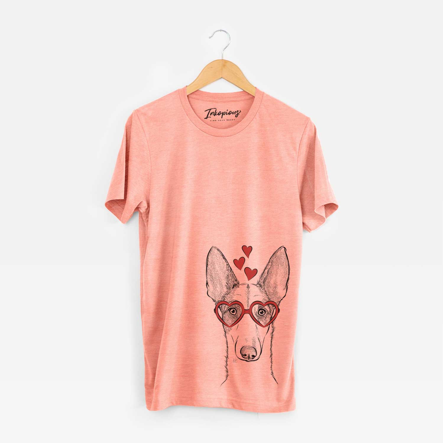 Hand-drawn sketch of Halo the Ibizan Sight Hound wearing heart-shaped glasses on a Sunset Unisex crewneck