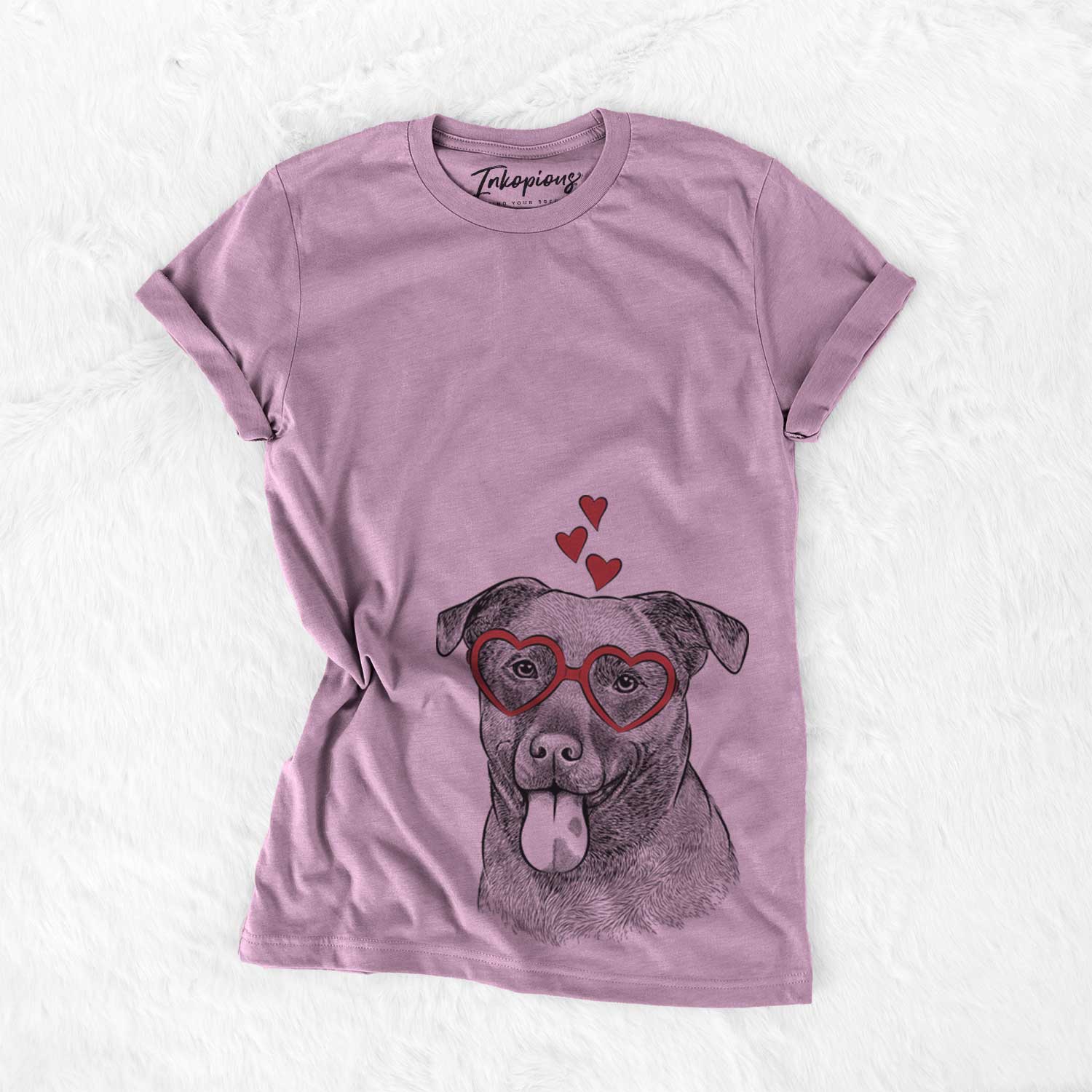 Hand-drawn sketch of Harbor the Mixed Breed wearing heart-shaped glasses on an Orchid Bella Canvas Unisex Crewneck