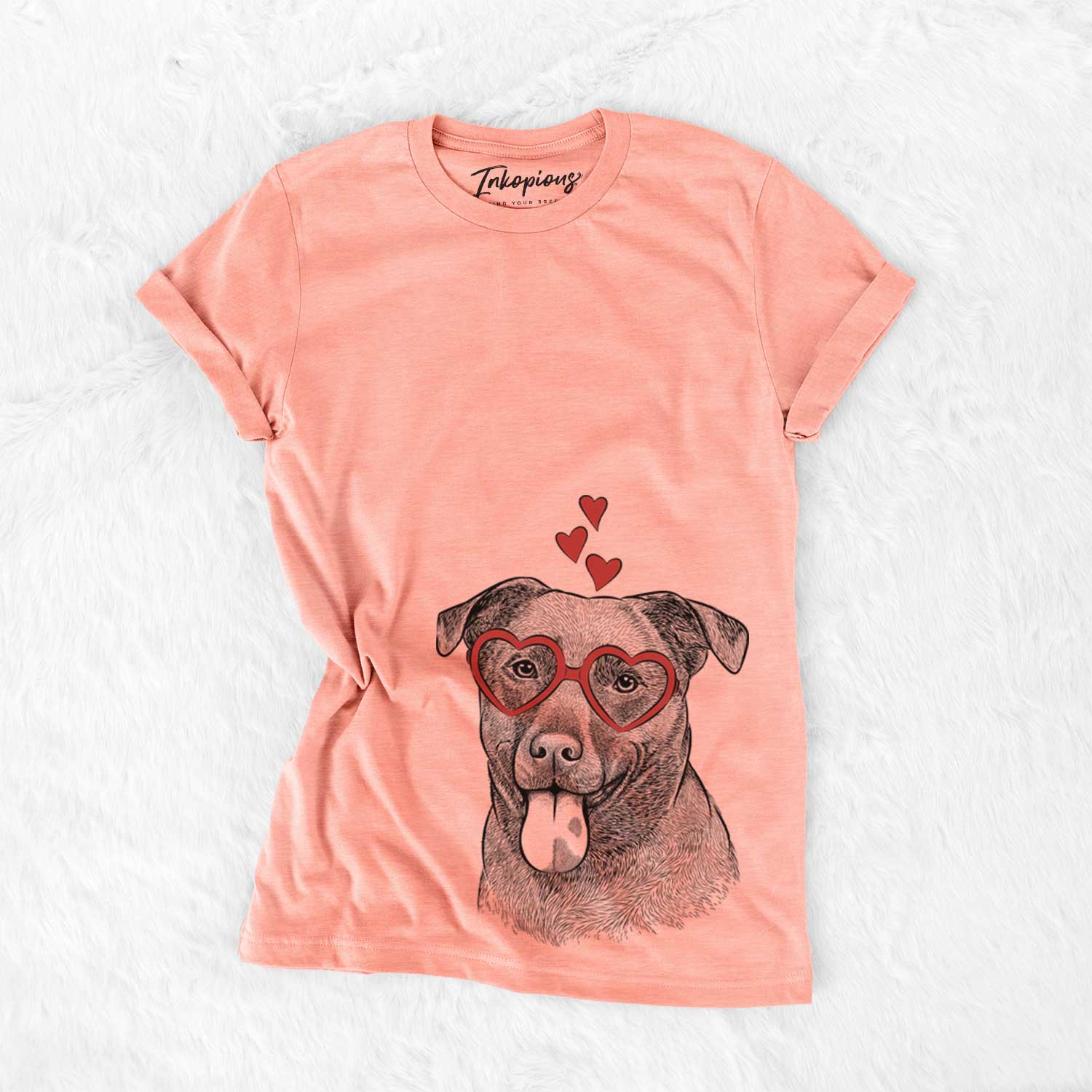 Hand-drawn sketch of Harbor the Mixed Breed wearing heart-shaped glasses on a Sunset Bella Canvas Unisex Crewneck