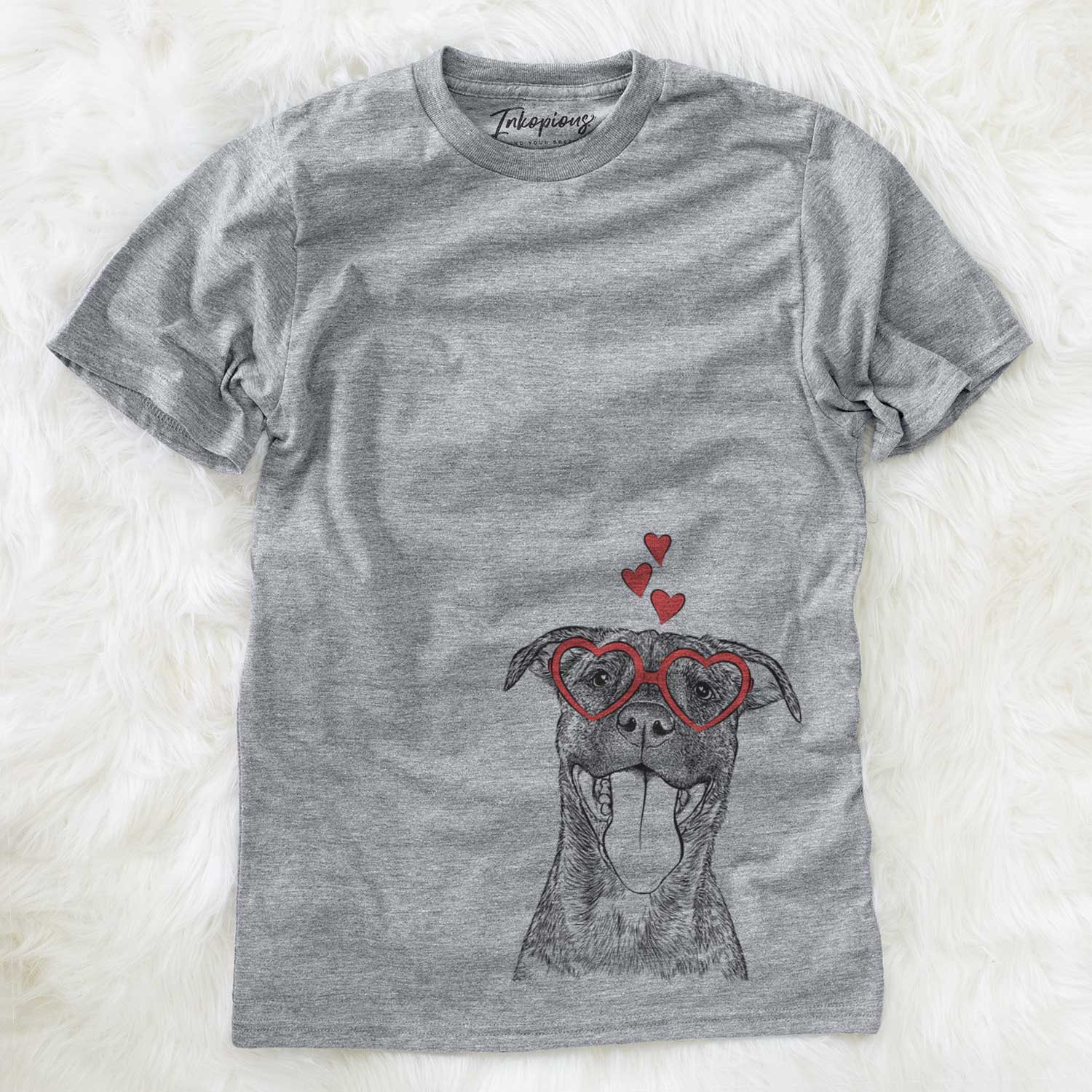 Hand-drawn sketch of Harley the Pitbull Mix wearing heart-shaped glasses on a Grey Unisex crewneck