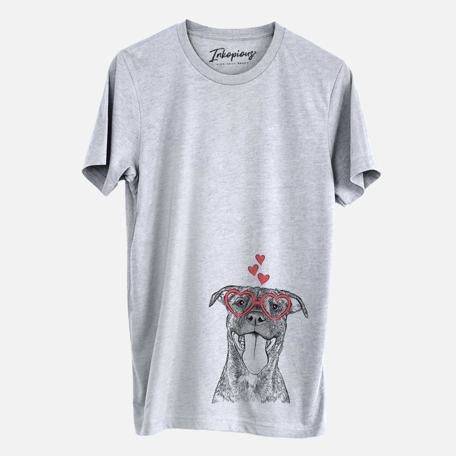 Hand-drawn sketch of Harley the Pitbull Mix wearing heart-shaped glasses on a Grey Unisex crewneck