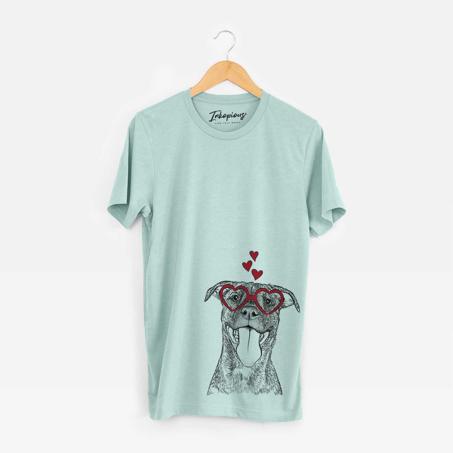 Hand-drawn sketch of Harley the Pitbull Mix wearing heart-shaped glasses on a Heather Sage Bella Canvas Unisex Crewneck