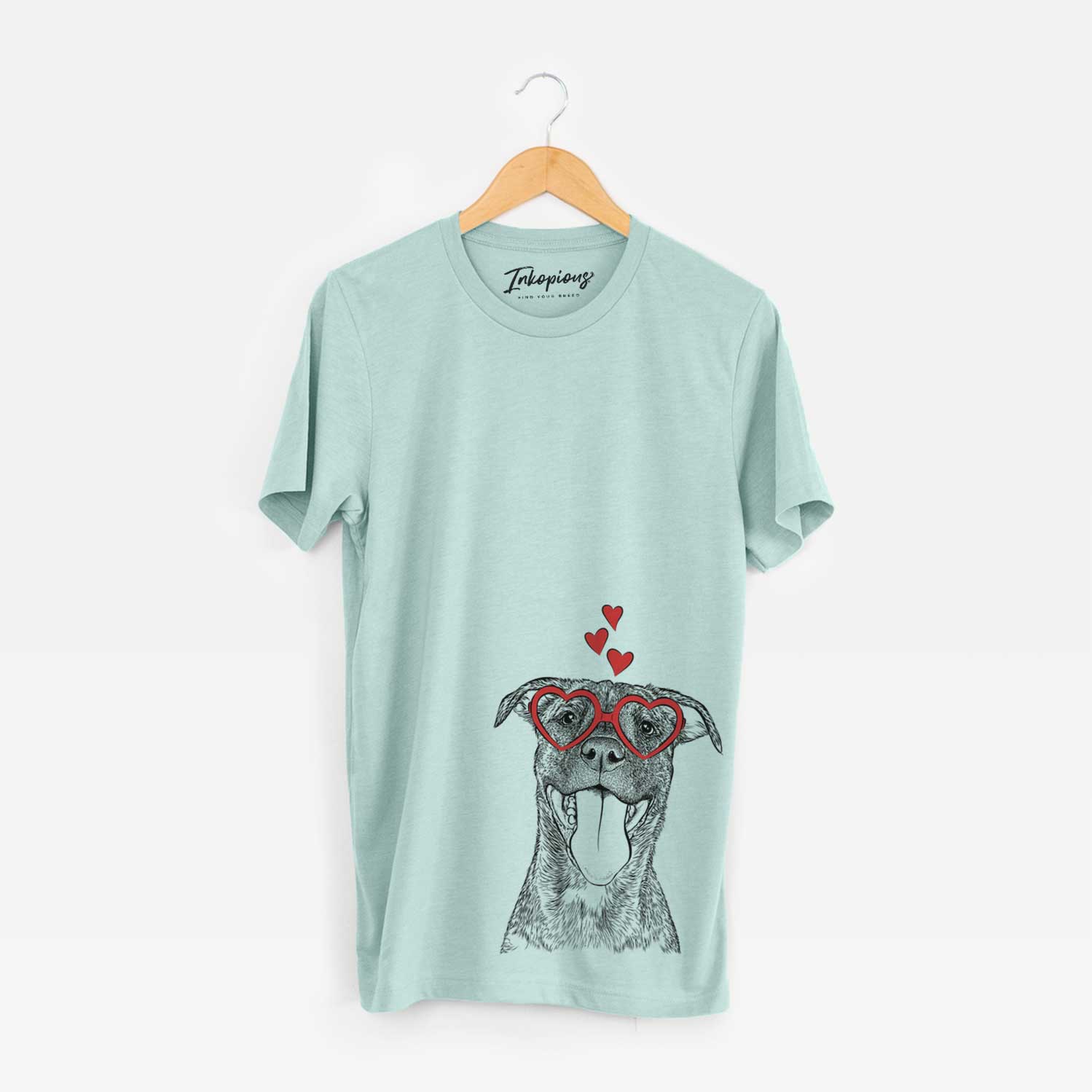 Hand-drawn sketch of Harley the Pitbull Mix wearing heart-shaped glasses on a Heather Sage Unisex crewneck
