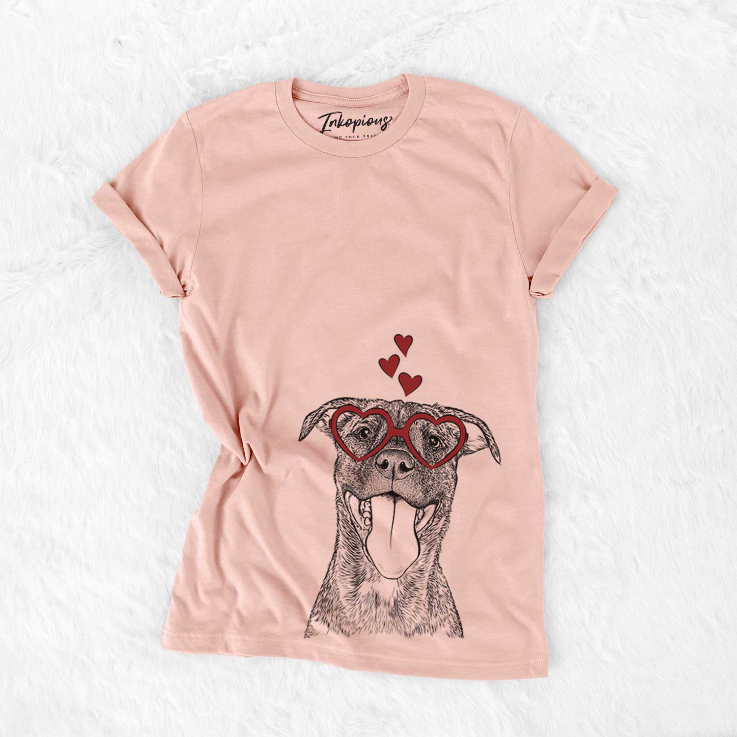 Hand-drawn sketch of Harley the Pitbull Mix wearing heart-shaped glasses on a Peach Bella Canvas Unisex Crewneck