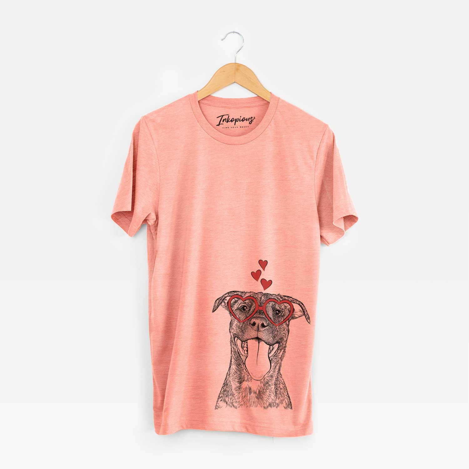 Hand-drawn sketch of Harley the Pitbull Mix wearing heart-shaped glasses on a Sunset Unisex crewneck