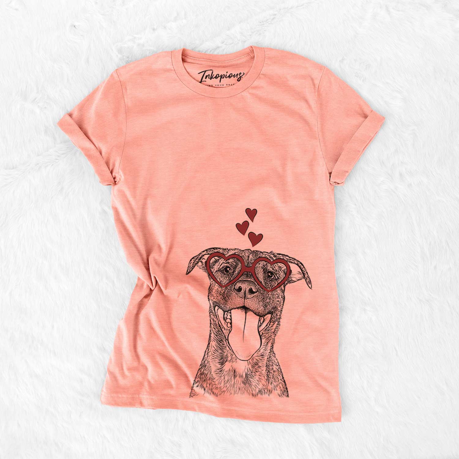 Hand-drawn sketch of Harley the Pitbull Mix wearing heart-shaped glasses on a Sunset Bella Canvas Unisex Crewneck